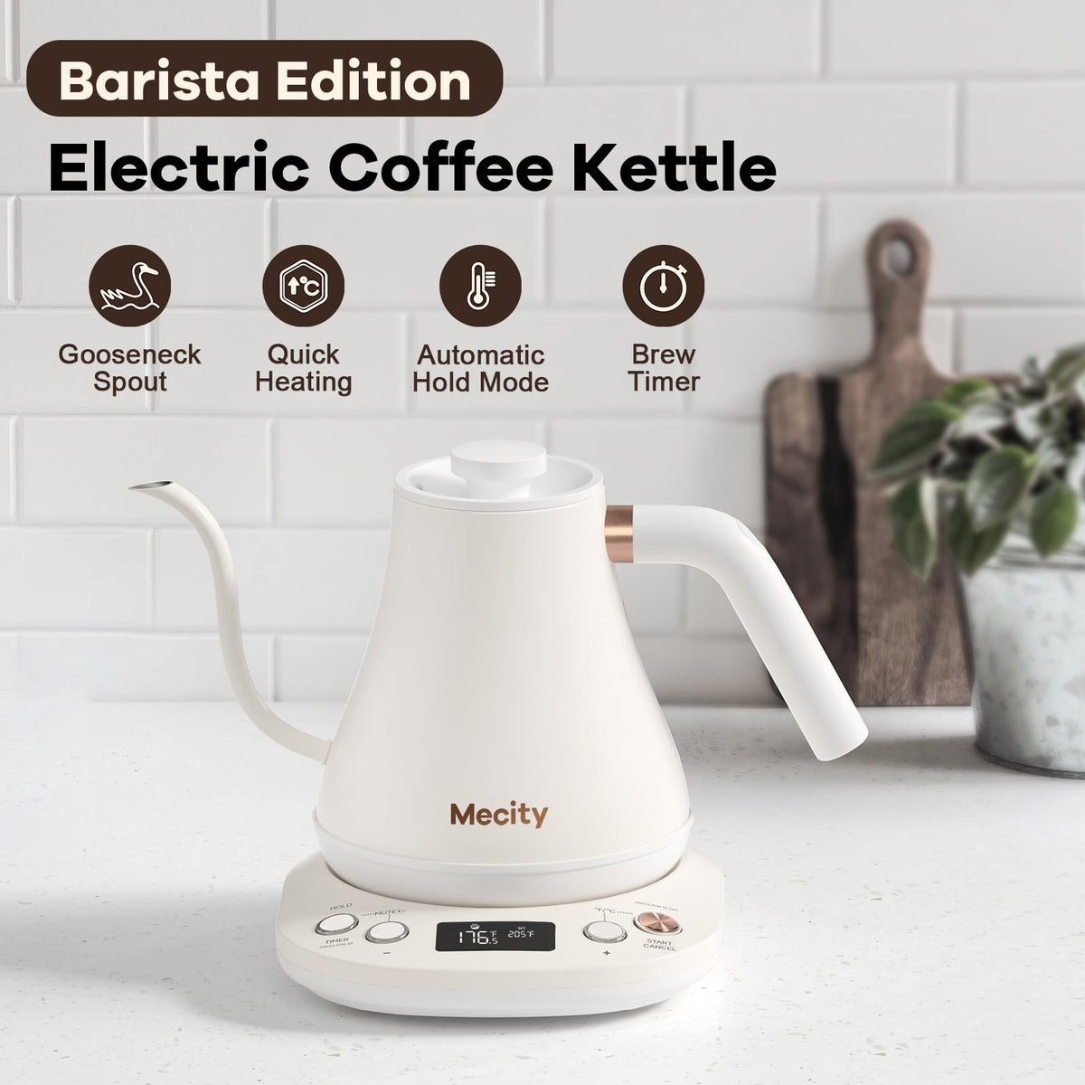 Mecity Electric Gooseneck Kettle With LCD Display Automatic Shut Off Retro Coffee Kettle Temperature Control Hot Water Boiler to Pour Over Tea, 1200 Watt Quick Heating Tea Pot, 0.8L, Stainless Steel