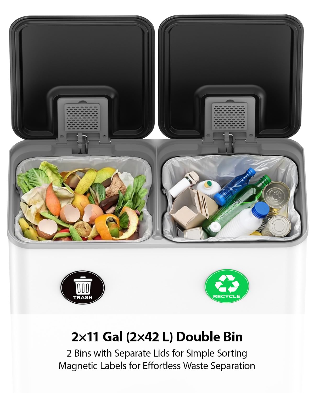Lovewind Dual Trash and Recycling Bins for Kitchen, 2 * 11-Gallon Stainless Steel Double Trash Can, Step-On Garbage and Recycle Combo, Quiet Close, Pet-Proof, Compatible with 13-Gallon Bags, White