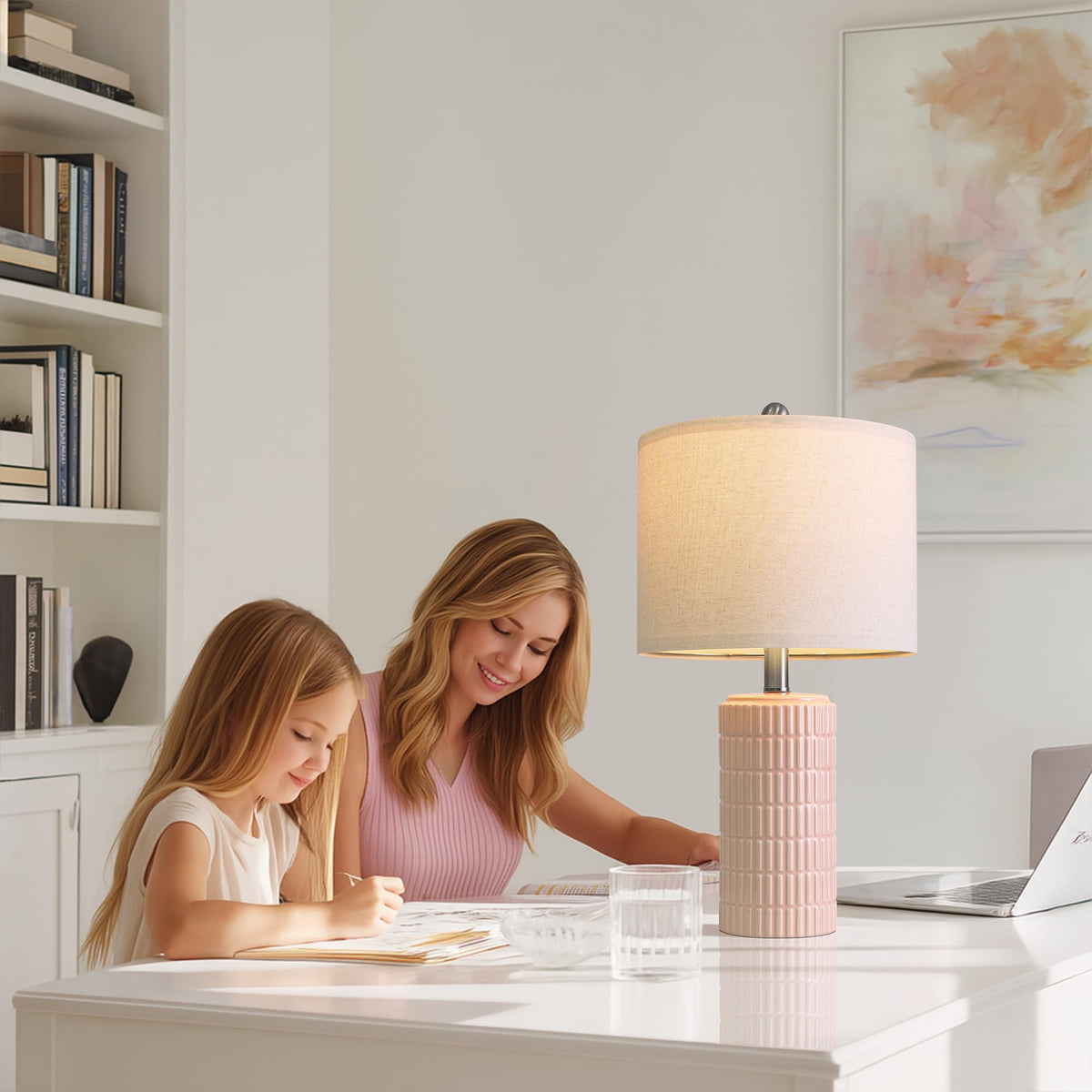 PoKat 20.75" Small Modern Ceramic Table Lamps Set of 2 for Bedroom, White