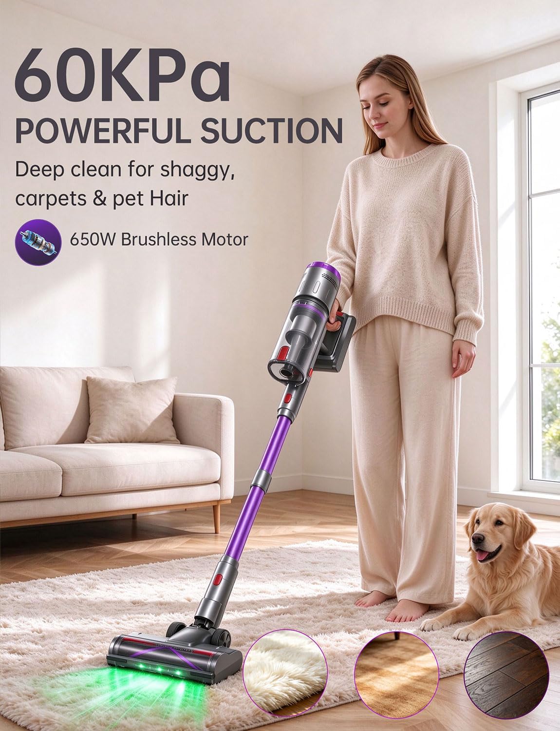 OXVAC Cordless Vacuum Cleaner, 60KPa 650W Stick Vacuum with 80Mins Runtime, Smart AUTO Mode, Anti-Tangle Brush, Self-Standing, Large Cup for Home, Pet Hair, Carpet & Hardwood Floor