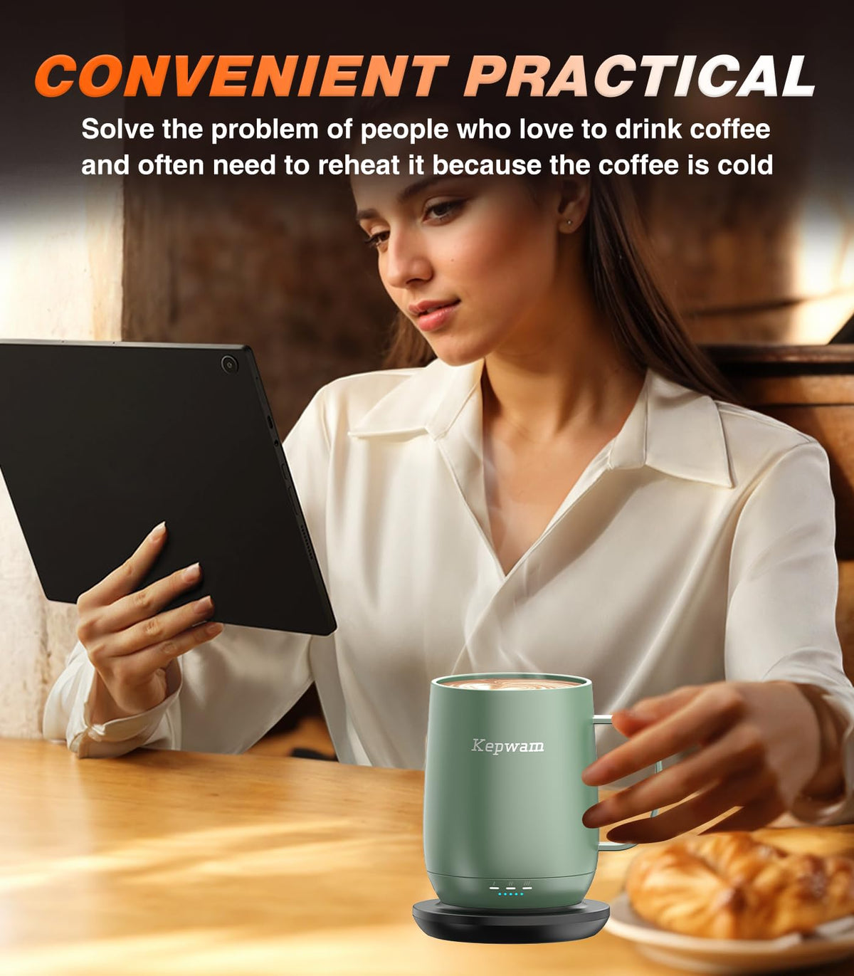 Kepwam Self-Heating Coffee Mug T2, 16oz Electric Heated Mug Hot Up to 149℉