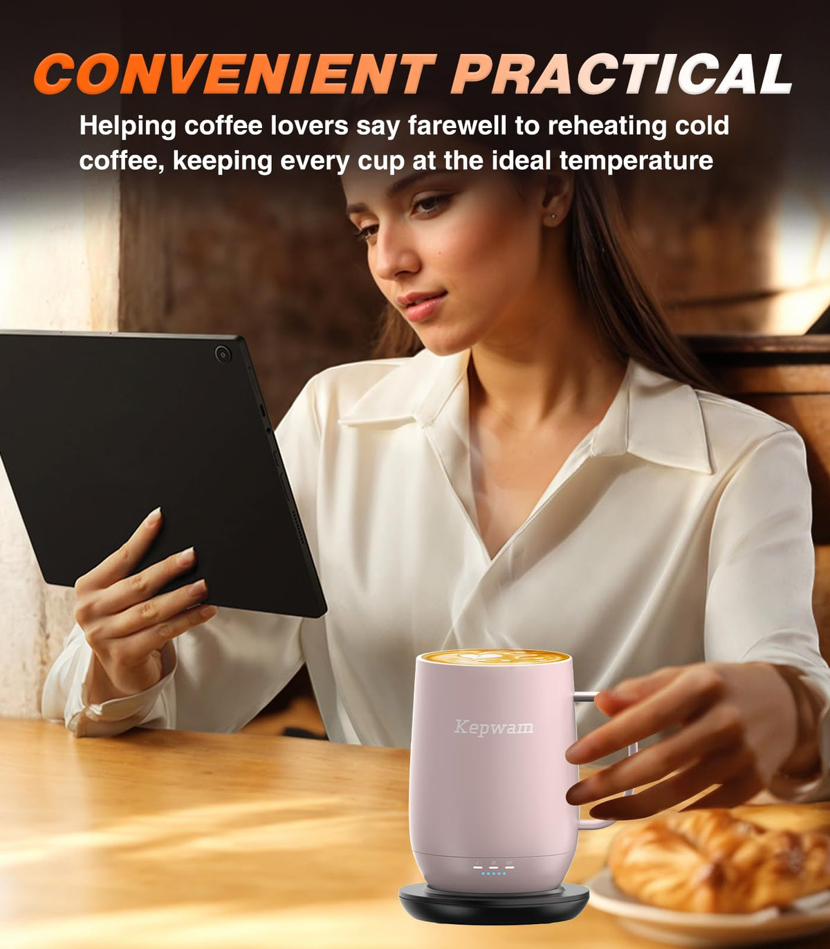 Kepwam Self-Heating Coffee Mug T2, 16oz Electric Heated Mug Hot Up to 149℉