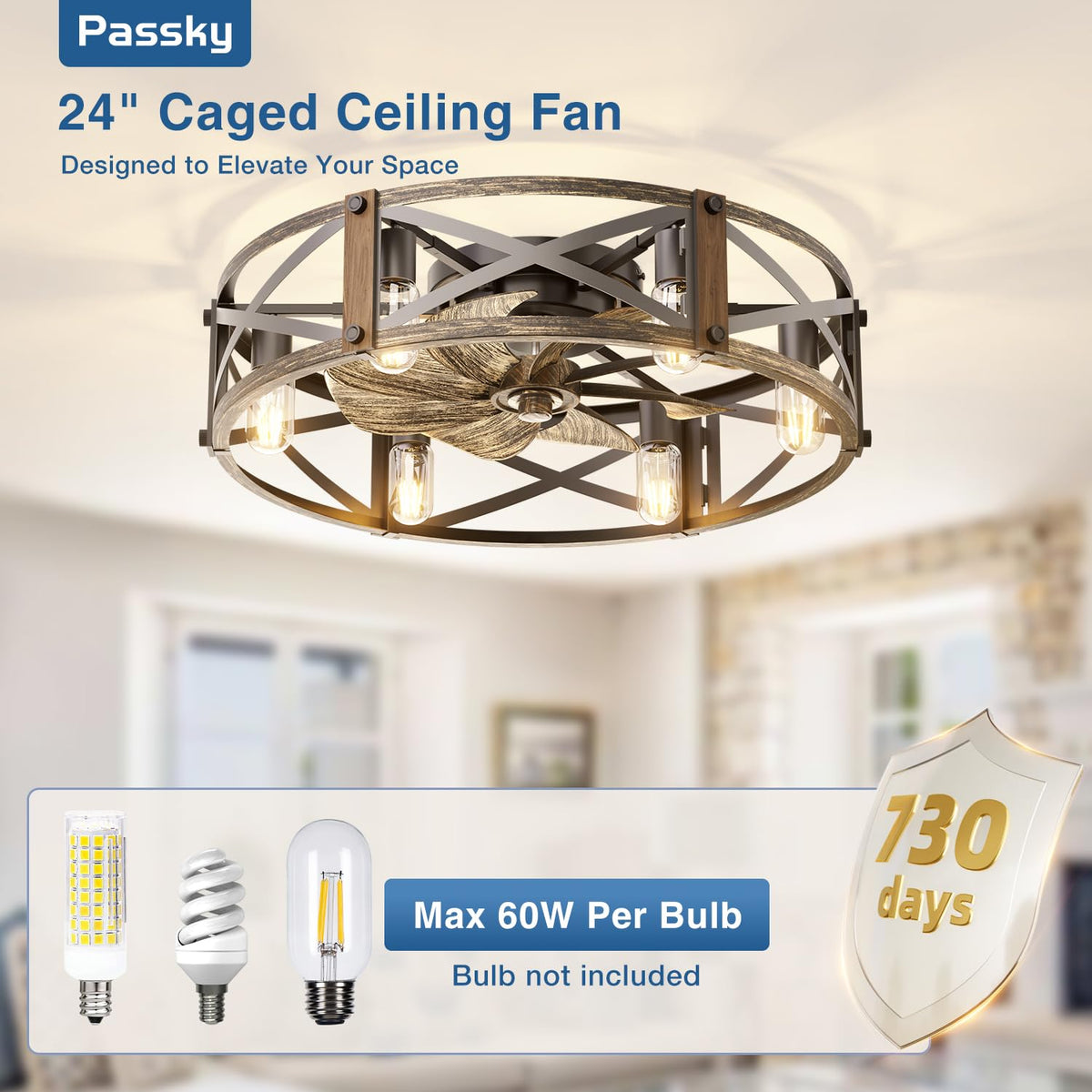 Passky 20" Caged Ceiling Fans with Lights and Remote, Low Profile Fandelier