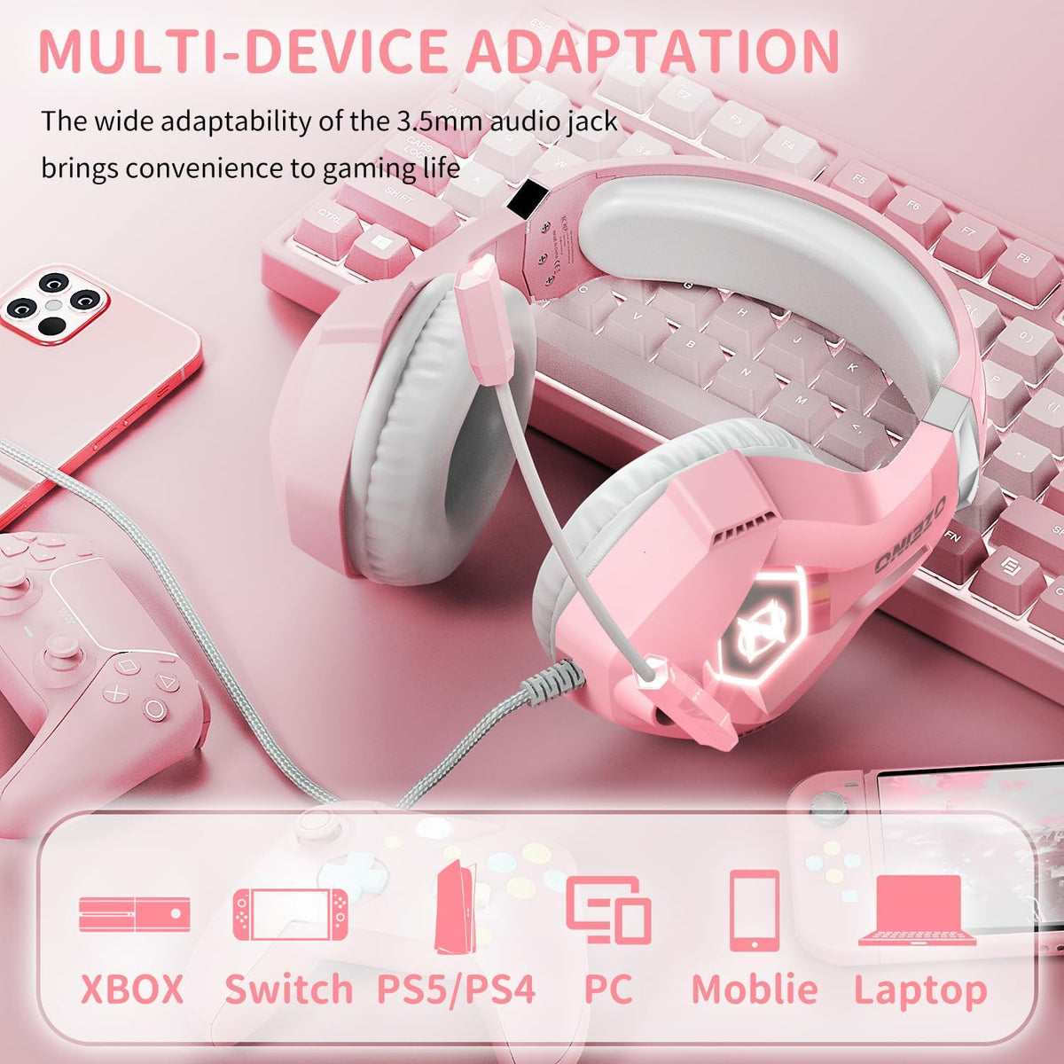 Ozeino Gaming Headset for PC, Ps4, Ps5, Xbox Headset with 7.1 Surround Sound Gaming Headphones with Noise Canceling Mic, LED Light Over Ear Headphones for Switch, Xbox Series X/S, Laptop, Mobile White