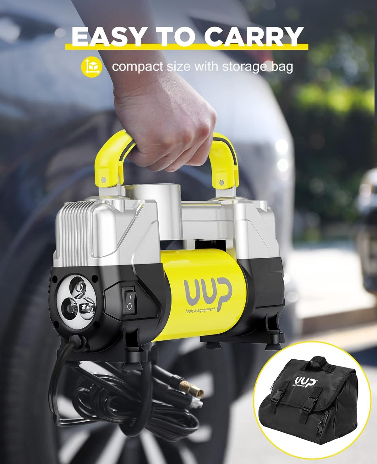 Portable 12V Air Compressor, 150 PSI Tire Inflator with Dual Cylinders