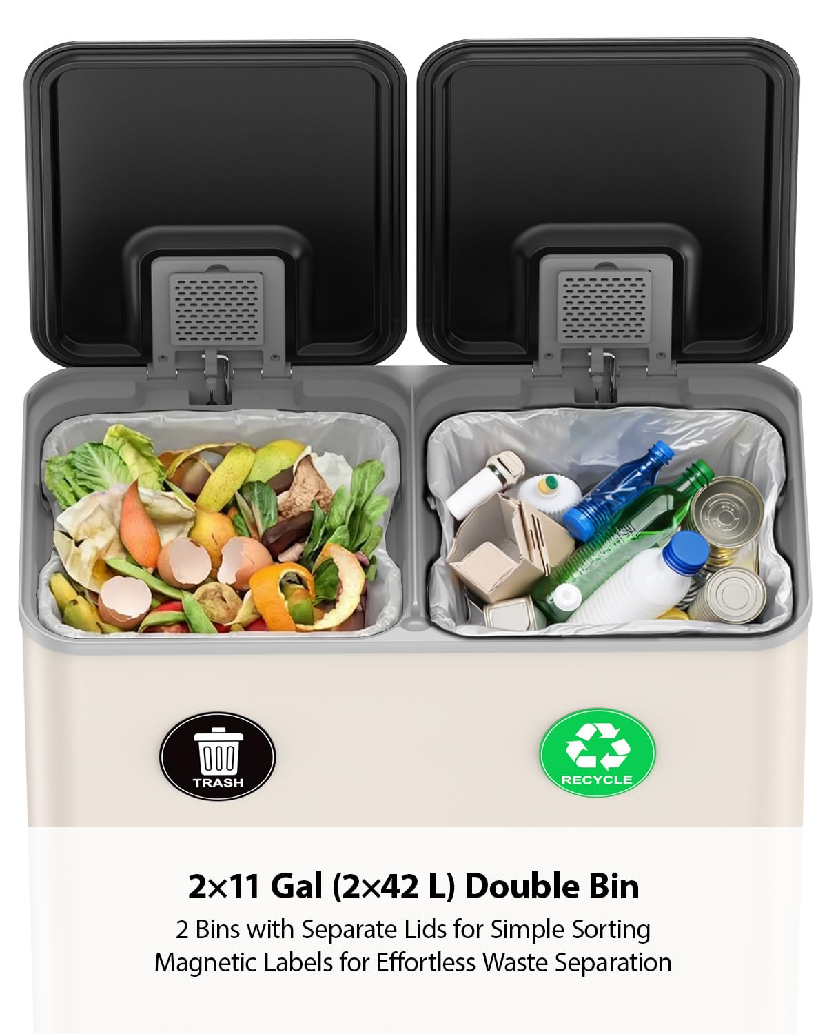Lovewind Dual Trash and Recycling Bins for Kitchen, 2 * 11-Gallon Stainless Steel Double Trash Can, Step-On Garbage and Recycle Combo, Quiet Close, Pet-Proof, Compatible with 13-Gallon Bags, White