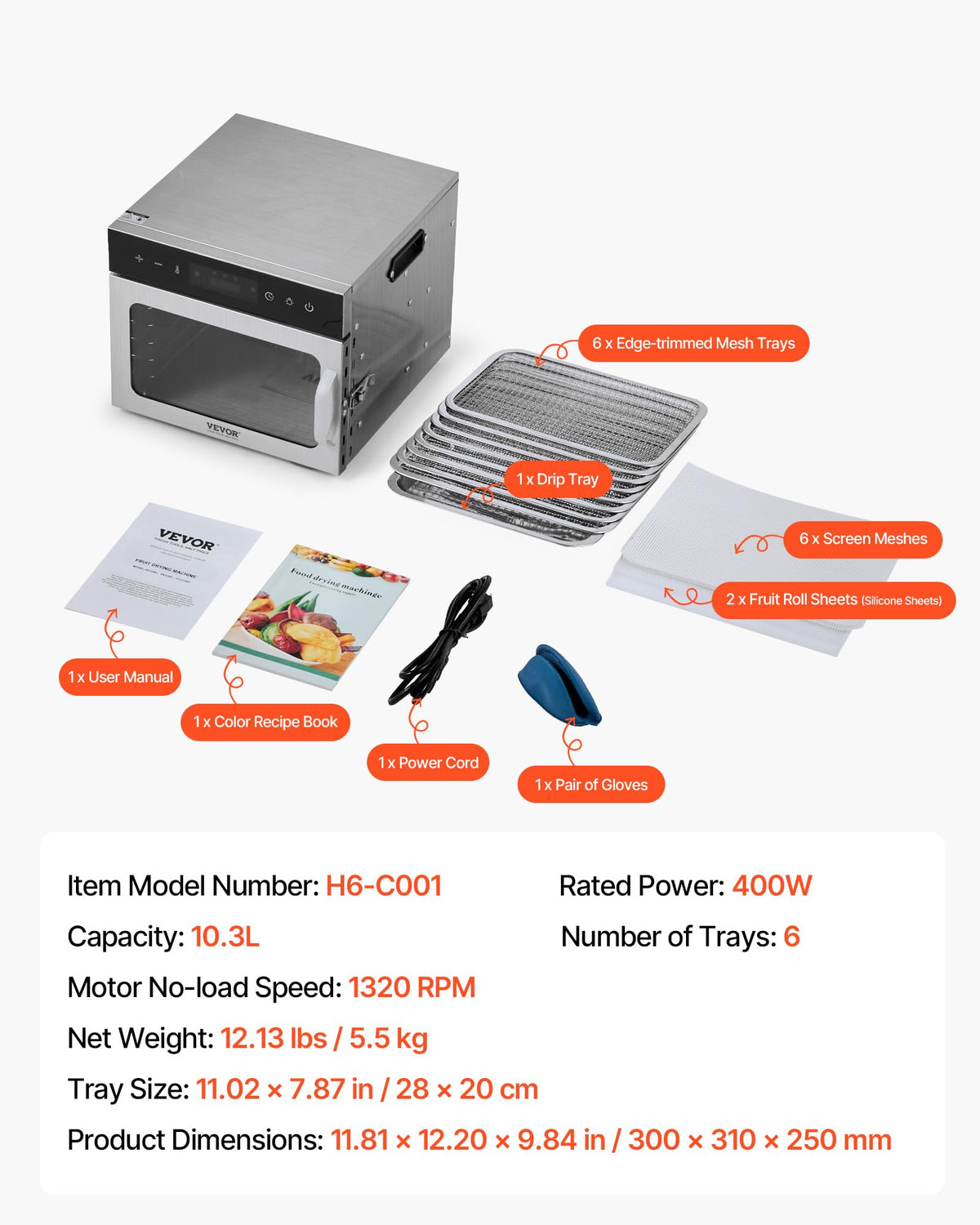 VEVOR Food Dehydrator Machine, 8 Stainless Steel Trays, 400W Electric Food Dryer with Adjustable Temperature & 24-Hour Timer, Food Dehydrator for Jerky, Meat, Fruit, Vegetables, Herbs, Dog Treats