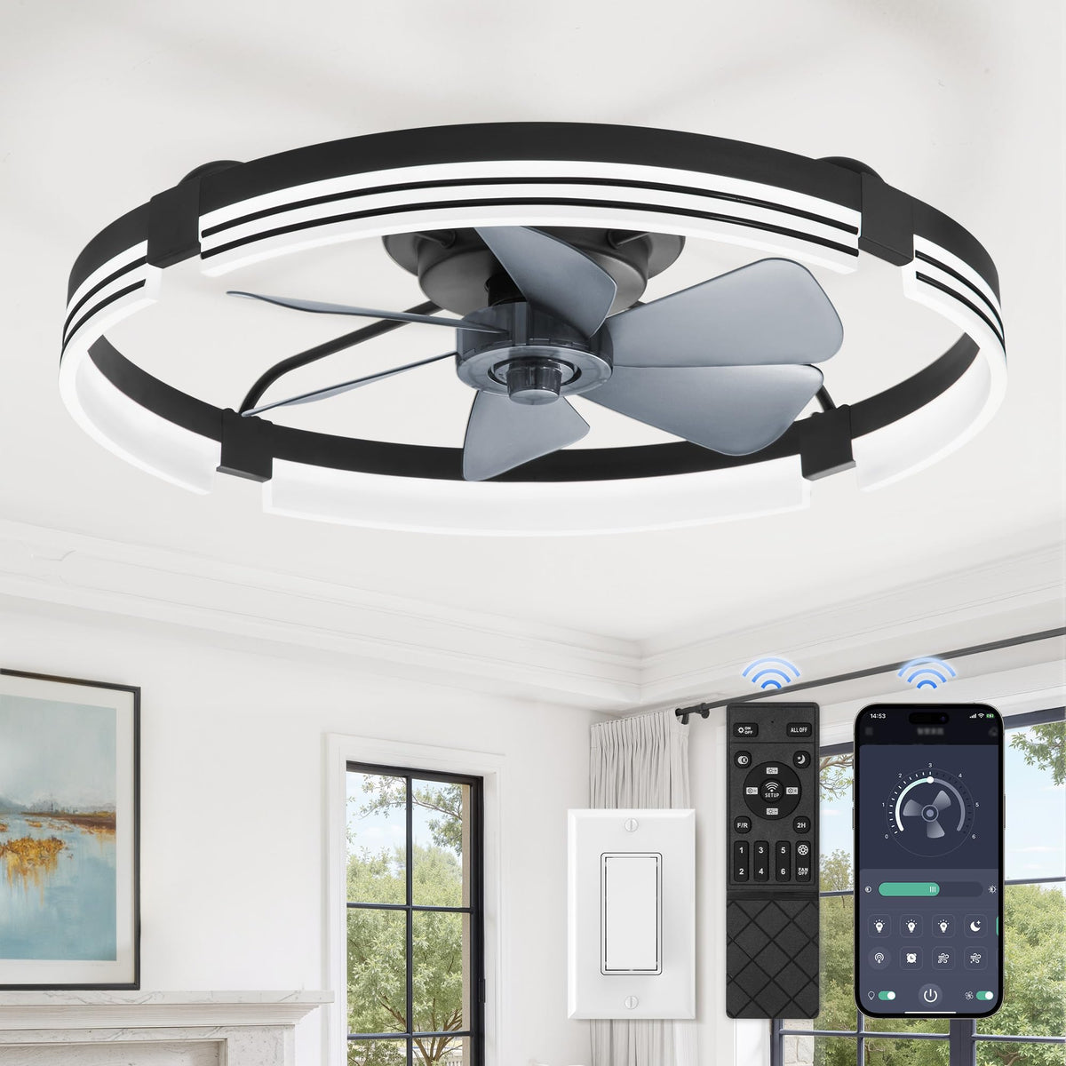 ZMISHIBO Low Profile Ceiling Fans with Lights and Remote, 20" Black