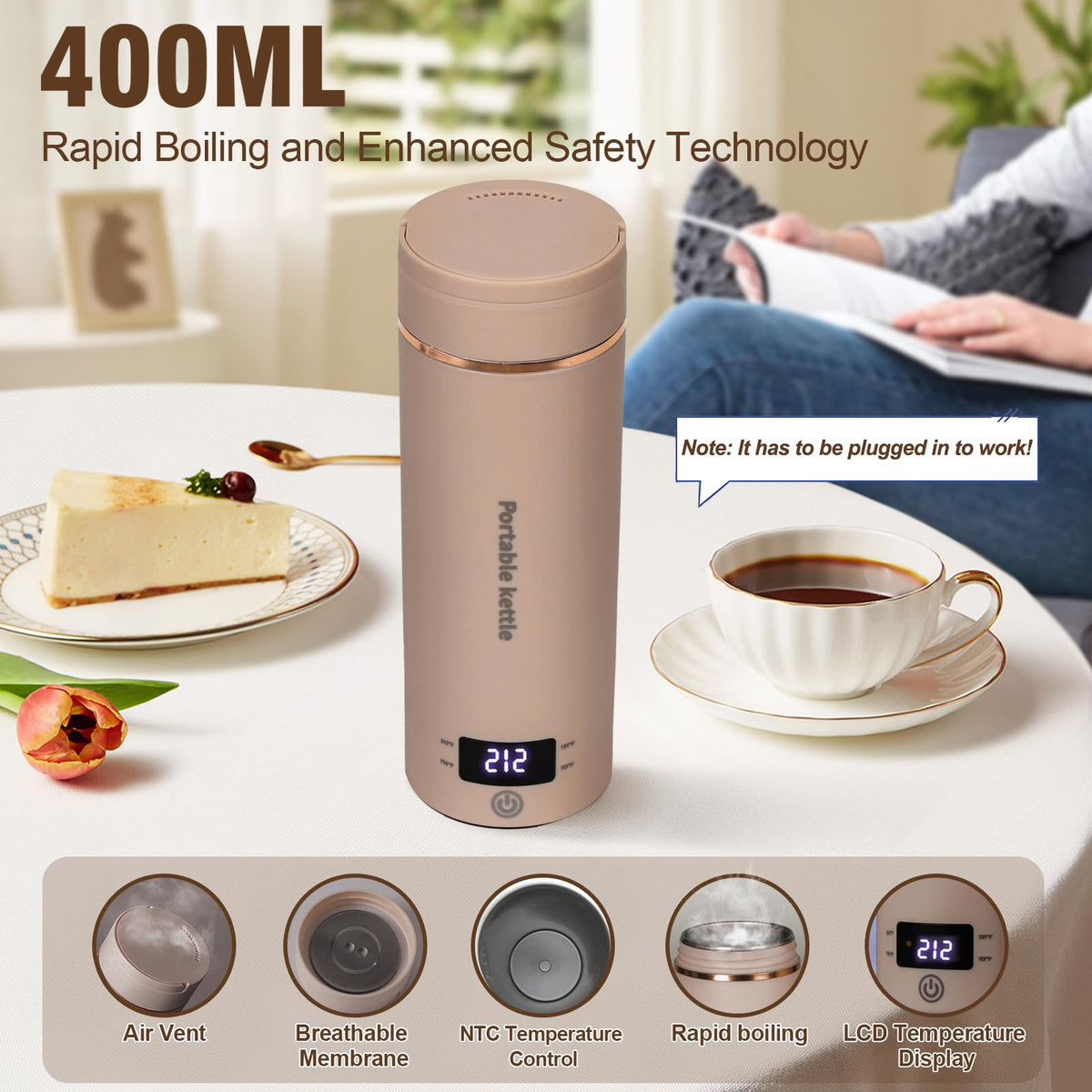 Portable Electric Kettle for Travel 120V, 13.5oz, 4 Temp Settings