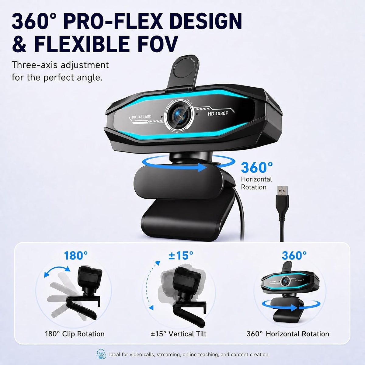 1080P Webcam for PC,90°FOV Web Camera with RGB Light Auto Light Correction
