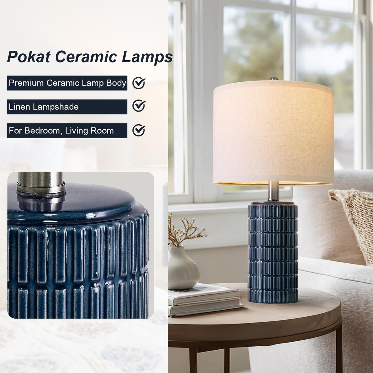 PoKat 20.75" Small Modern Ceramic Table Lamps Set of 2 for Bedroom, White