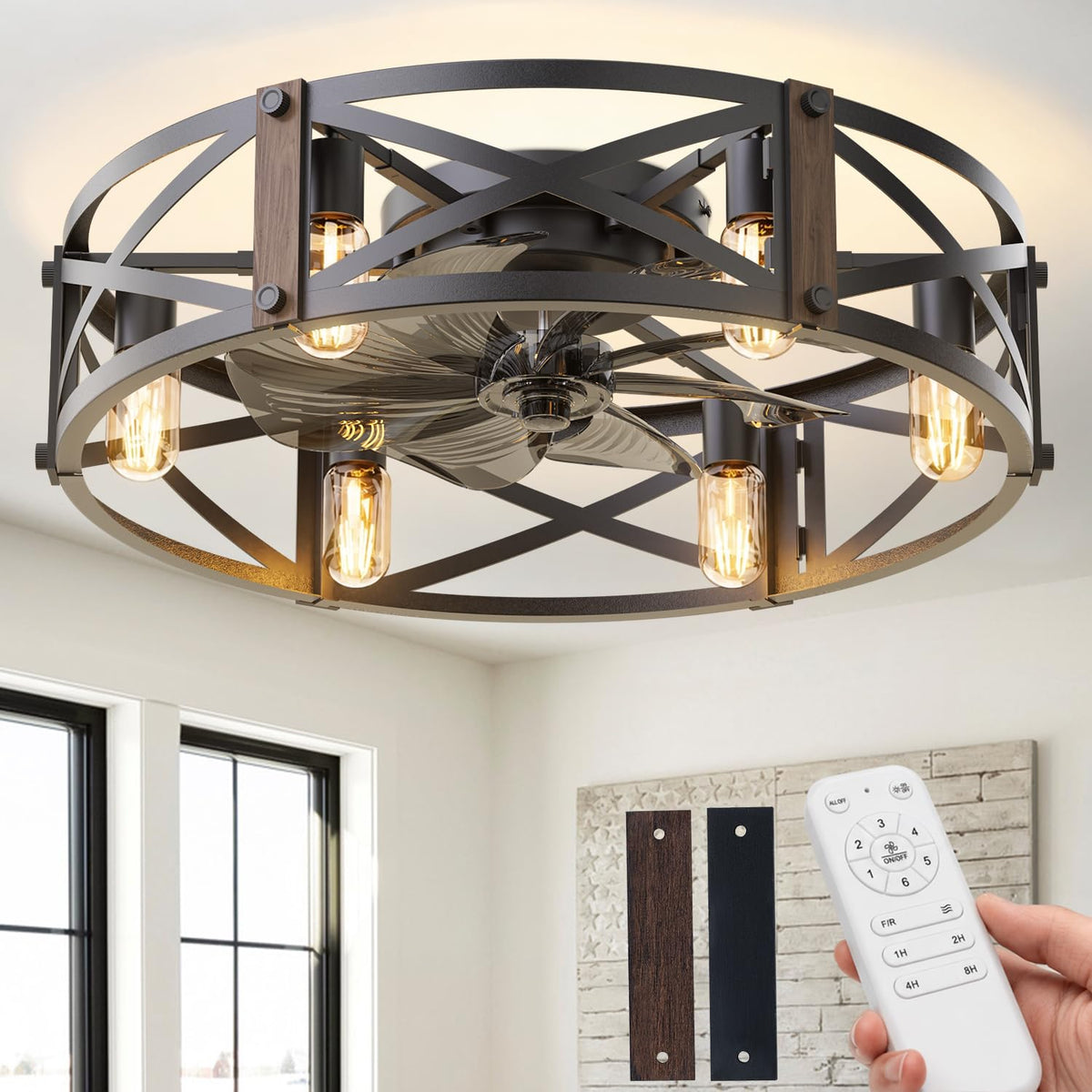Passky 20" Caged Ceiling Fans with Lights and Remote, Low Profile Fandelier