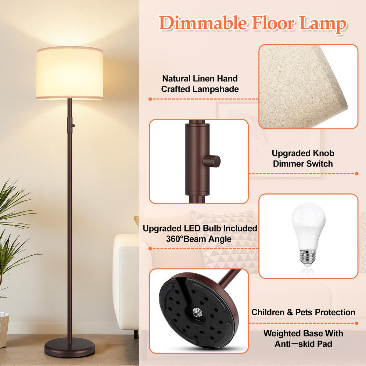 【Upgraded】 Dimmable Floor Lamp for Living Room,1000 Lumens Bulb Included, Modern Floor Lamps Simple Design with Linen Shade, Tall Standing Lamp for Bedroom Office Dining Room, Black Pole Lamp