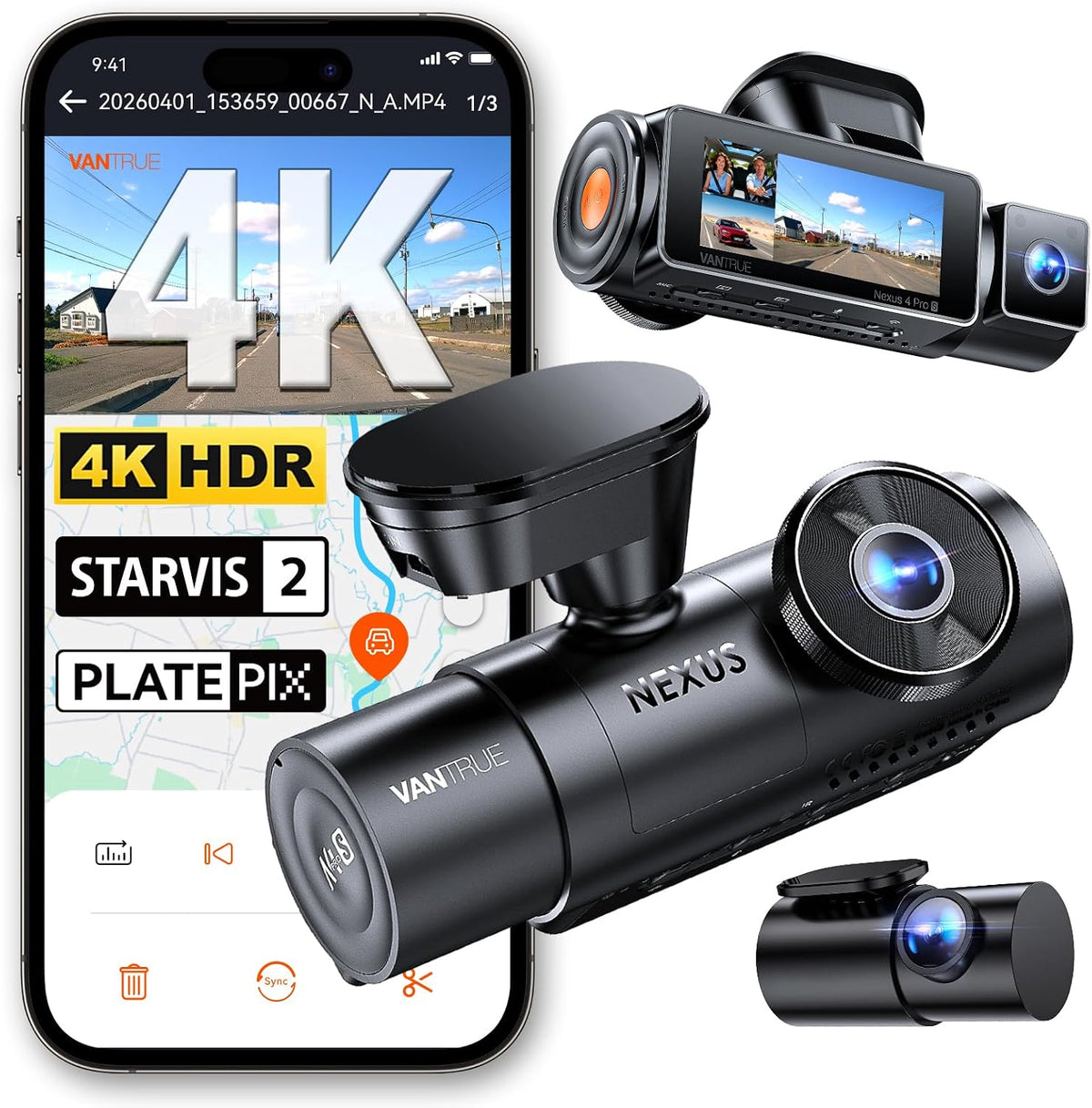 Vantrue N4 Pro S 4K 3 Channel Dash Cam, Triple STARVIS 2 HDR Car Camera
