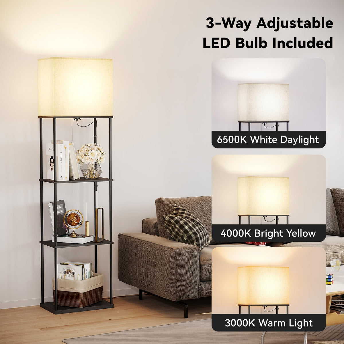 SUNMORY Floor Lamp with Shelves, Standing Lamps for Living Room, Black