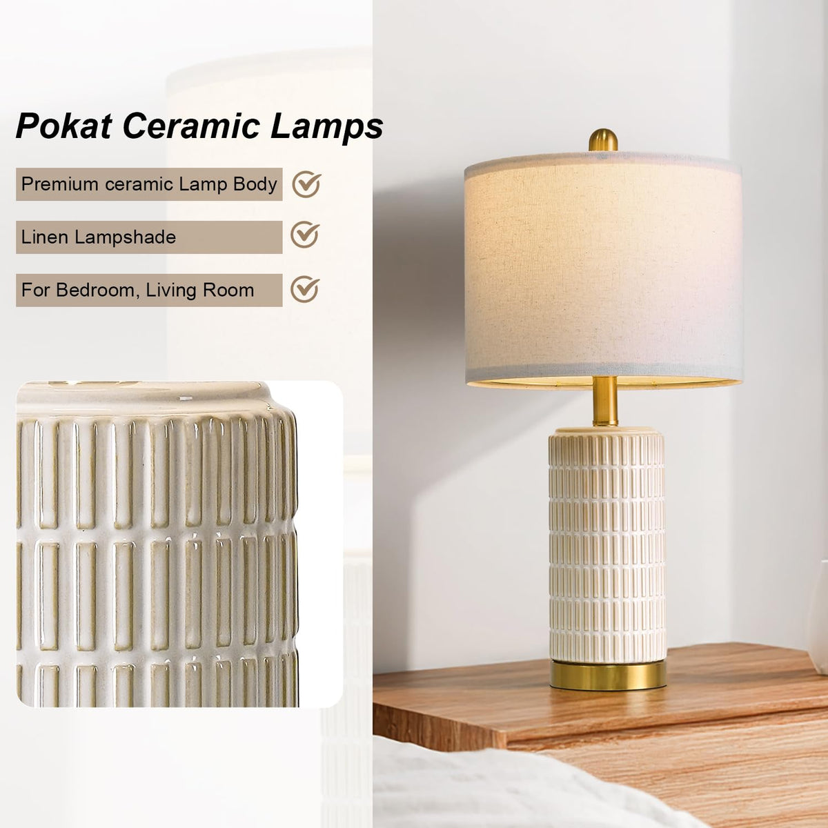 PoKat 20.75" Small Modern Ceramic Table Lamps Set of 2 for Bedroom, White
