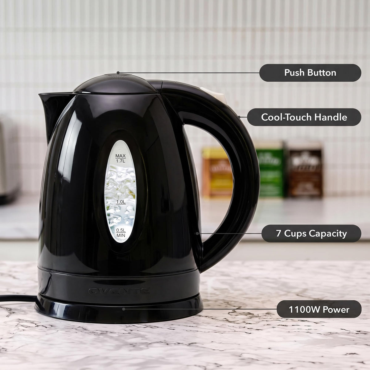 OVENTE 1.7L Electric Tea Kettle, Fast Boiling Water Heater, White KP72W