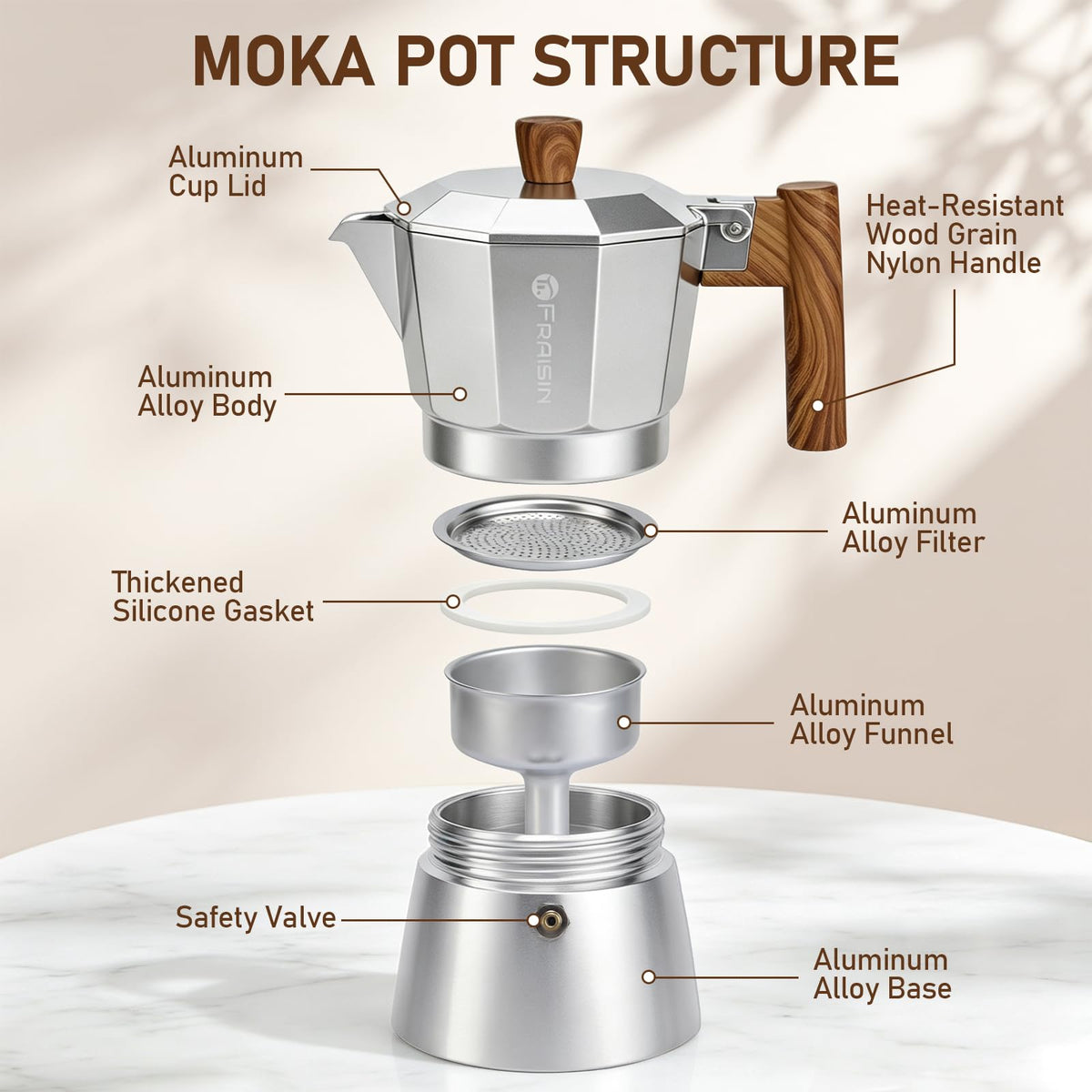 Stovetop Espresso Moka Pot Coffee Maker, Non-slip Wood Grain Handle, Cast Aluminum, Compatible with Gas, and Electric Stoves (Black, 12 cups)