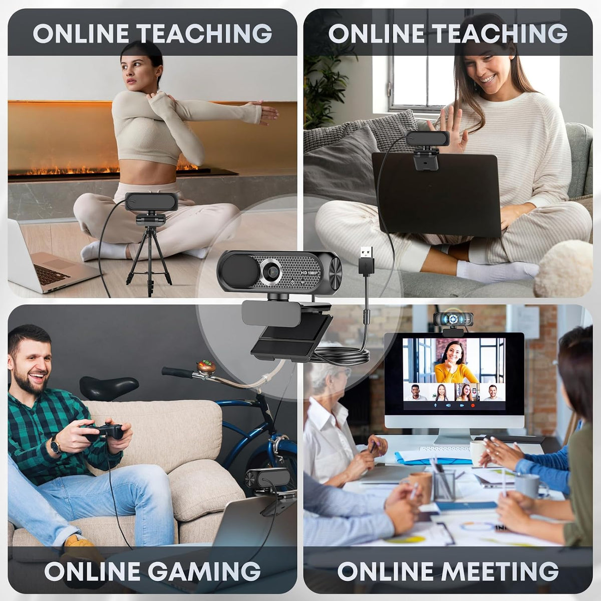 1080P HD Webcam with Microphone, Noise Cancellation, Privacy Cover, Wide-Angle Lens, Auto Light Correction, Plug & Play USB Webcam for Laptop, Desktop, PC, Mac, Zoom, Skype, Streaming (Black)