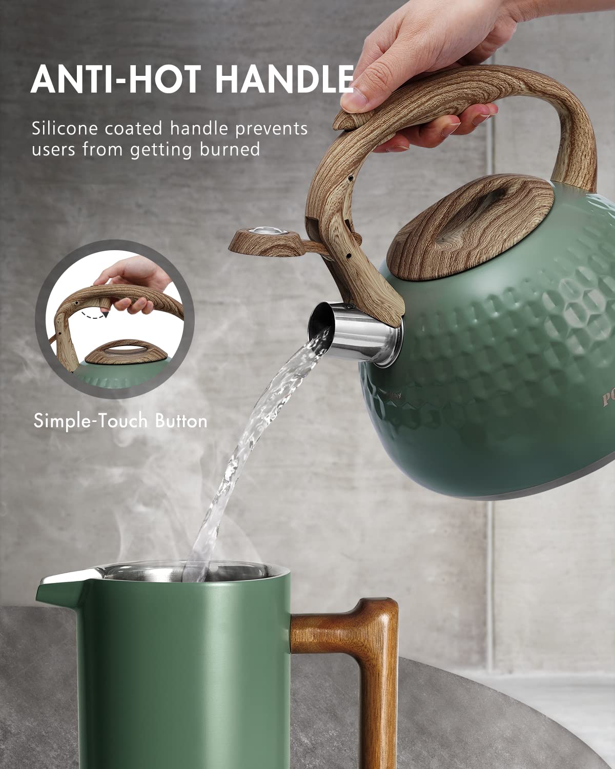 POLIVIAR Tea Kettle, 2.7 Quart Natural Stone Finish with Wood Pattern Handle Loud Whistle Food Grade Stainless Steel Teapot, Anti-Hot Handle and Anti-Rust, Suitable for All Heat Sources (JX2018-GR20)