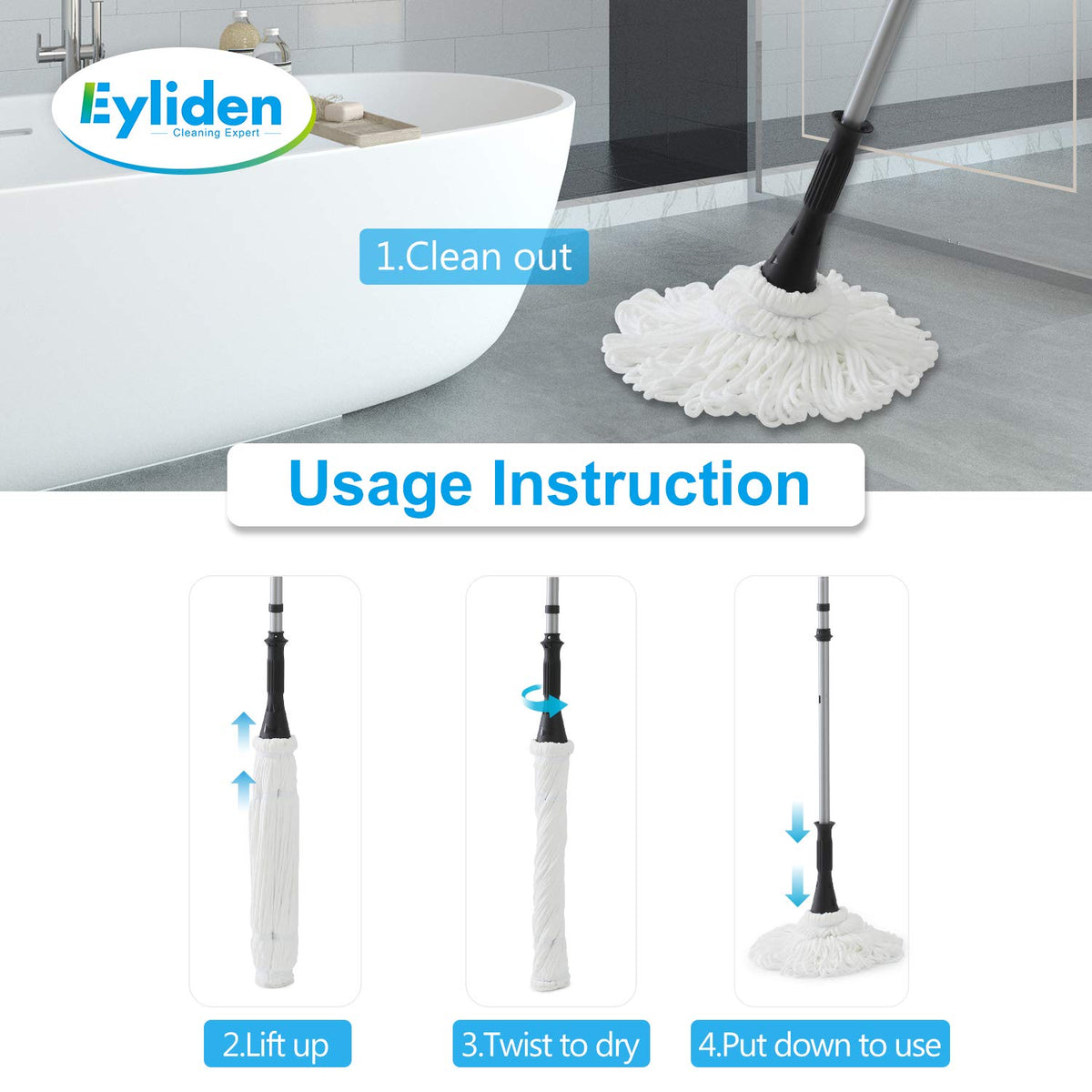 Eyliden Mop with 2 Reusable Microfiber Heads, Easy Wringing Twist Mop
