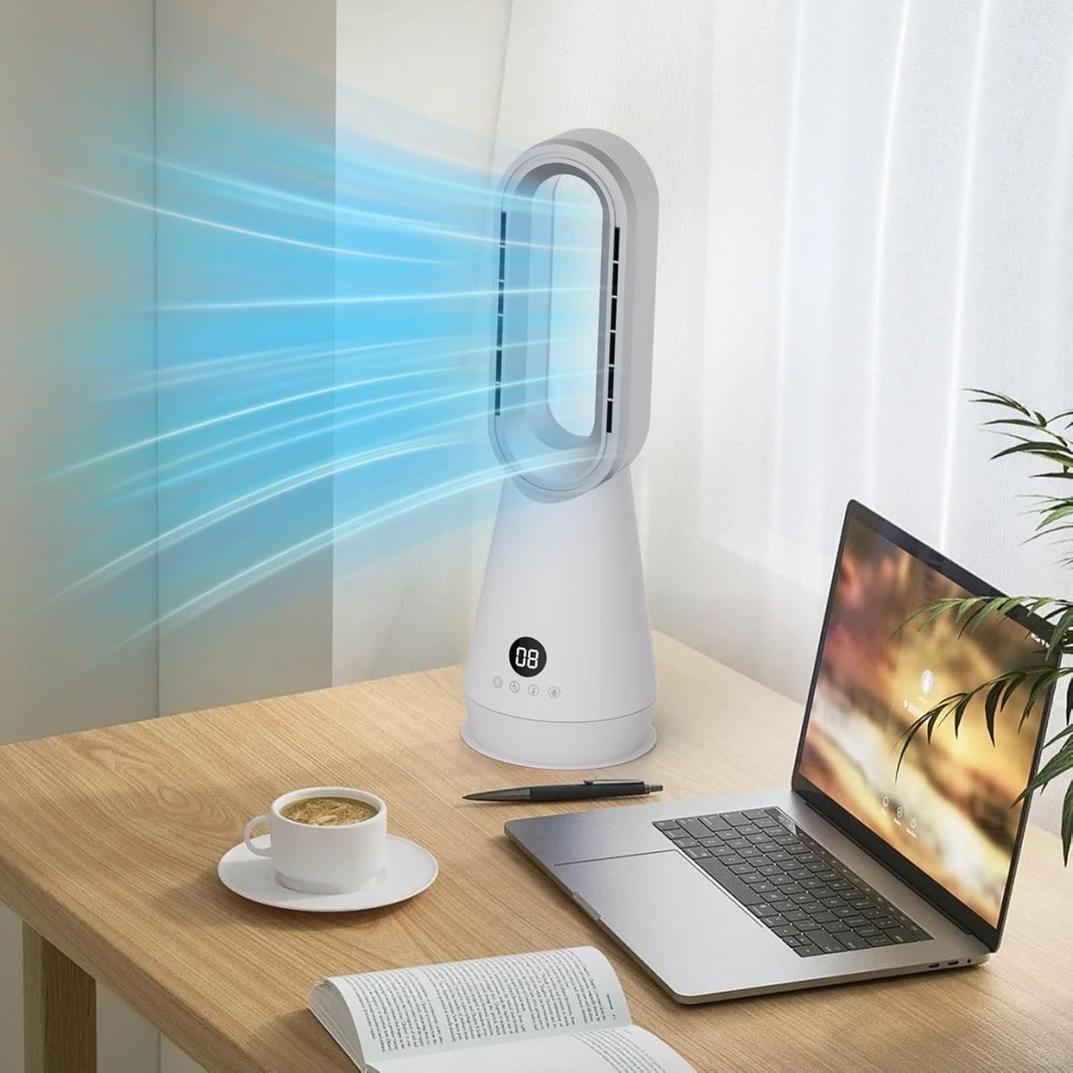 3-in-1 Bladeless Fan Combo, 22" Bladeless Tower Fan with Air Purifier, 90° Oscillating Fast Heating & Cooling, Remote Control, Quiet Portable for Bedroom Home Office, White