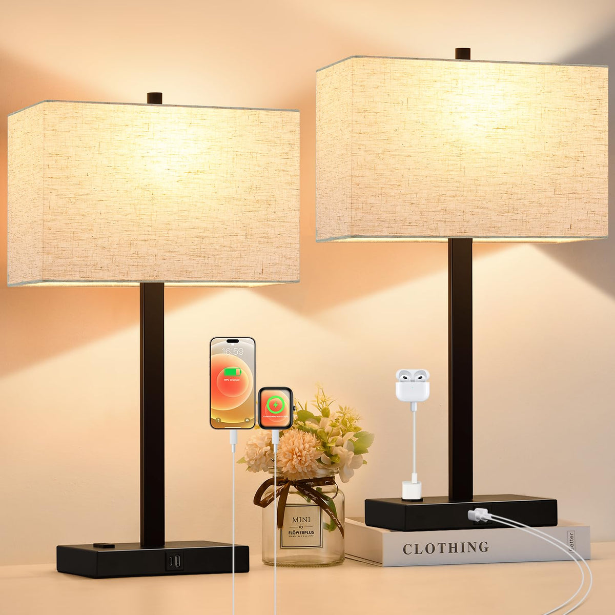 Lynnoland Set of 2 Touch Control Table Lamps with 2 USB & AC Outlet, 3-Way Dimmable Bedside Nightstand Lamps for Bedroom Living Room Nursery, 800 Lumens 5000K Daylight Bulbs Included