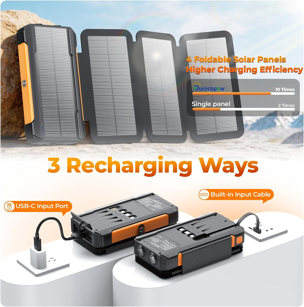 Solar Charger Power Bank 20000mAh Portable Charger Built-in 4 Cables(Micro/USB-C/Ios Output Cable,USB-A Input Cable) & 4 Solar Panels, 15W Fast Charging Battery Pack with Flashlight for Camping Travel