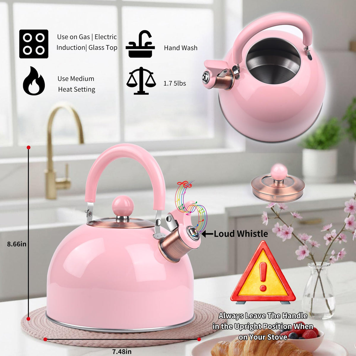 2.6 Quart Yellow Whistling Tea Kettle, Multiple Color Available, Stainless Steel Stovetop Teapot with Cool-Touch Handle, Loud Whistle, Induction Compatible for Gas, Electric & Glass Cooktops