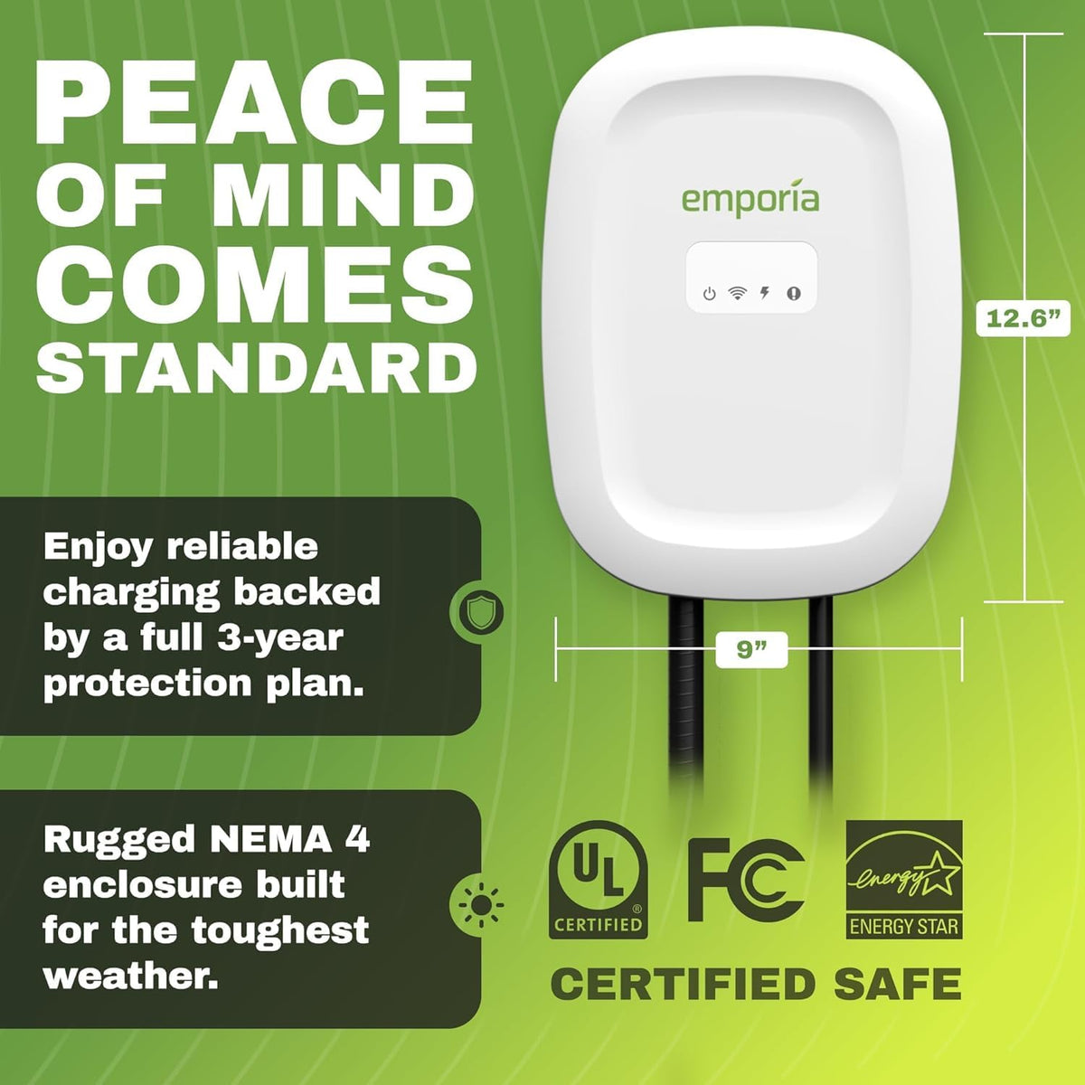 EMPORIA Level 2 EV Charger w/ J1772 Connector — 48 Amp, 240V WiFi Enabled Electric Vehicle Charging Station, 25ft Cable, NEMA 14-50, White