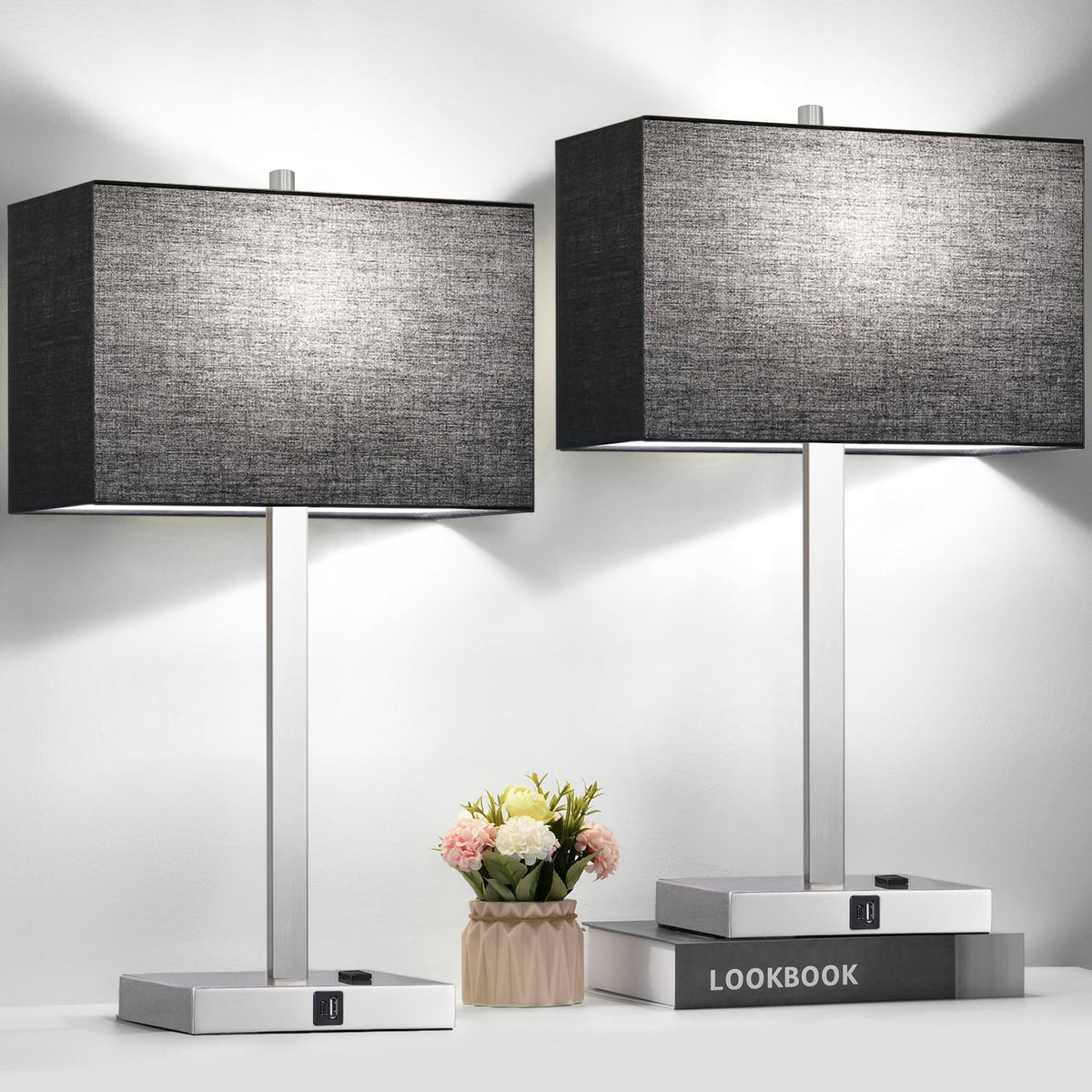 Lynnoland Set of 2 Touch Control Table Lamps with 2 USB & AC Outlet, 3-Way Dimmable Bedside Nightstand Lamps for Bedroom Living Room Nursery, 800 Lumens 5000K Daylight Bulbs Included