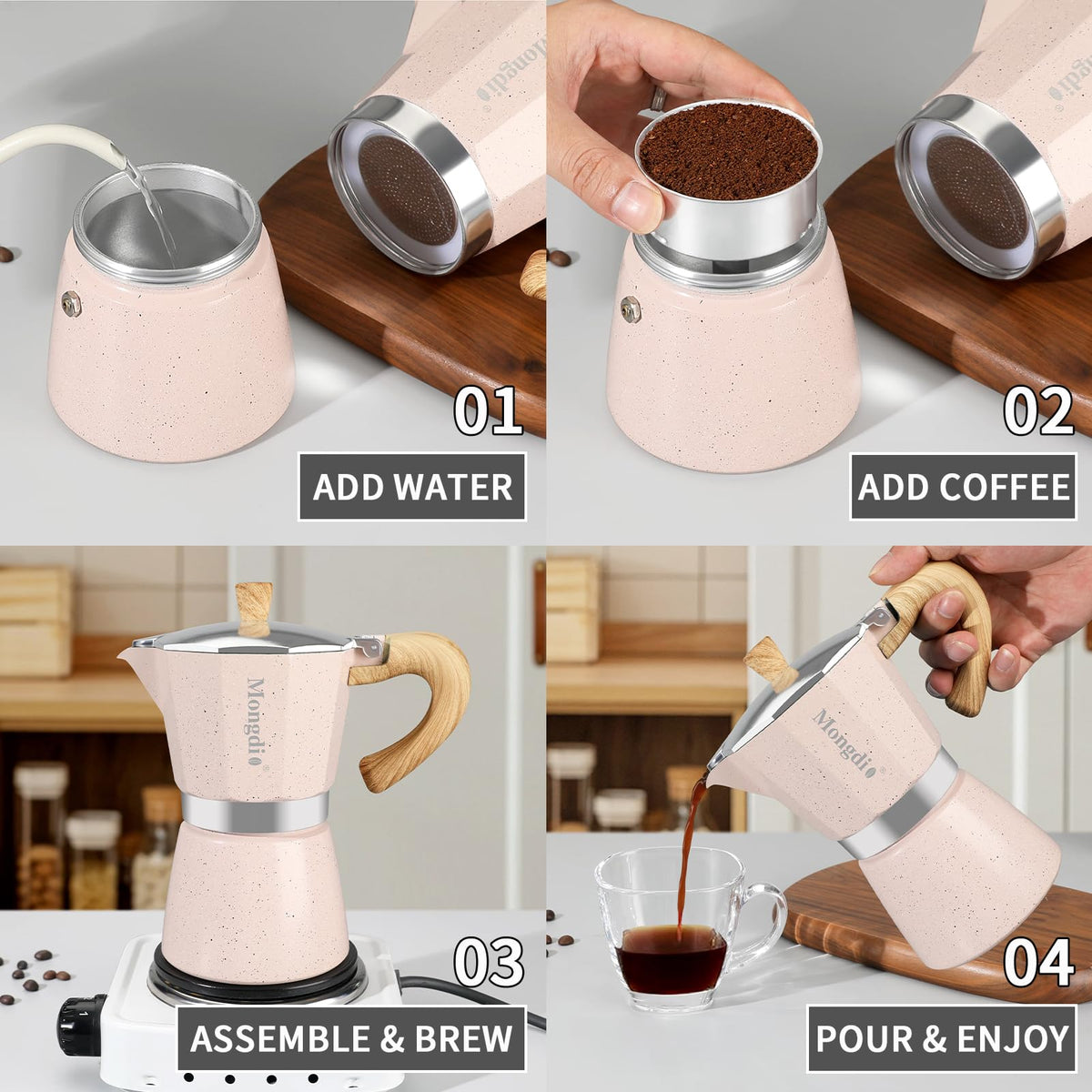 Mongdio Stovetop Espresso Maker Moka Pot, Cuban Coffee Maker Stove Top Coffee Maker Moka Italian Espresso Greca Coffee Maker Brewer Percolator, 6 Espresso Cups, 10 oz - Black