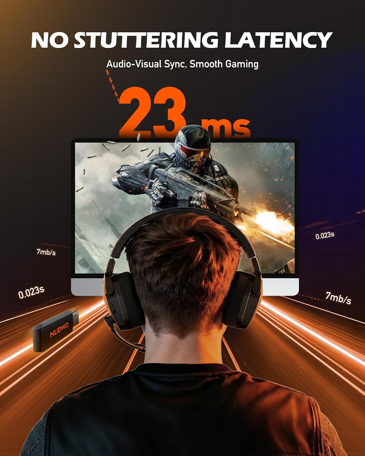 NUBWO Wireless Gaming Headset with Mic for Ps5 Ps4 PC, Zero Interference, 100-Hour Battery All-Day Play, 23ms Sync for Fortnite & Call of Duty/FPS Gamers, Triple Mode All Devices Compatible - Orange