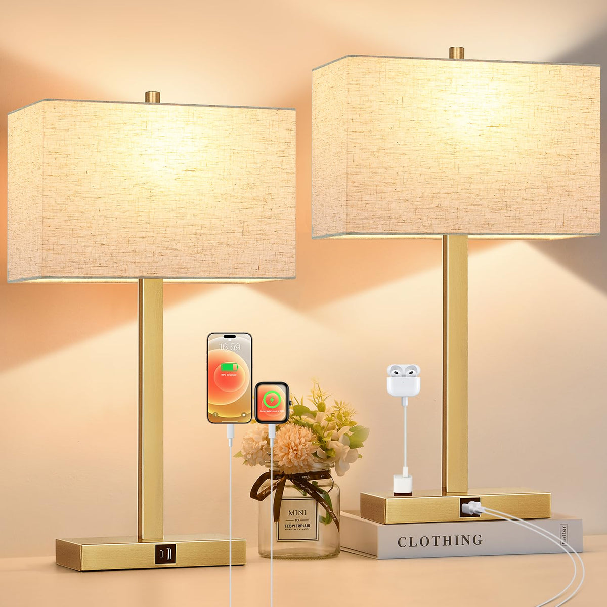 Lynnoland Set of 2 Touch Control Table Lamps with 2 USB & AC Outlet, 3-Way Dimmable Bedside Nightstand Lamps for Bedroom Living Room Nursery, 800 Lumens 5000K Daylight Bulbs Included