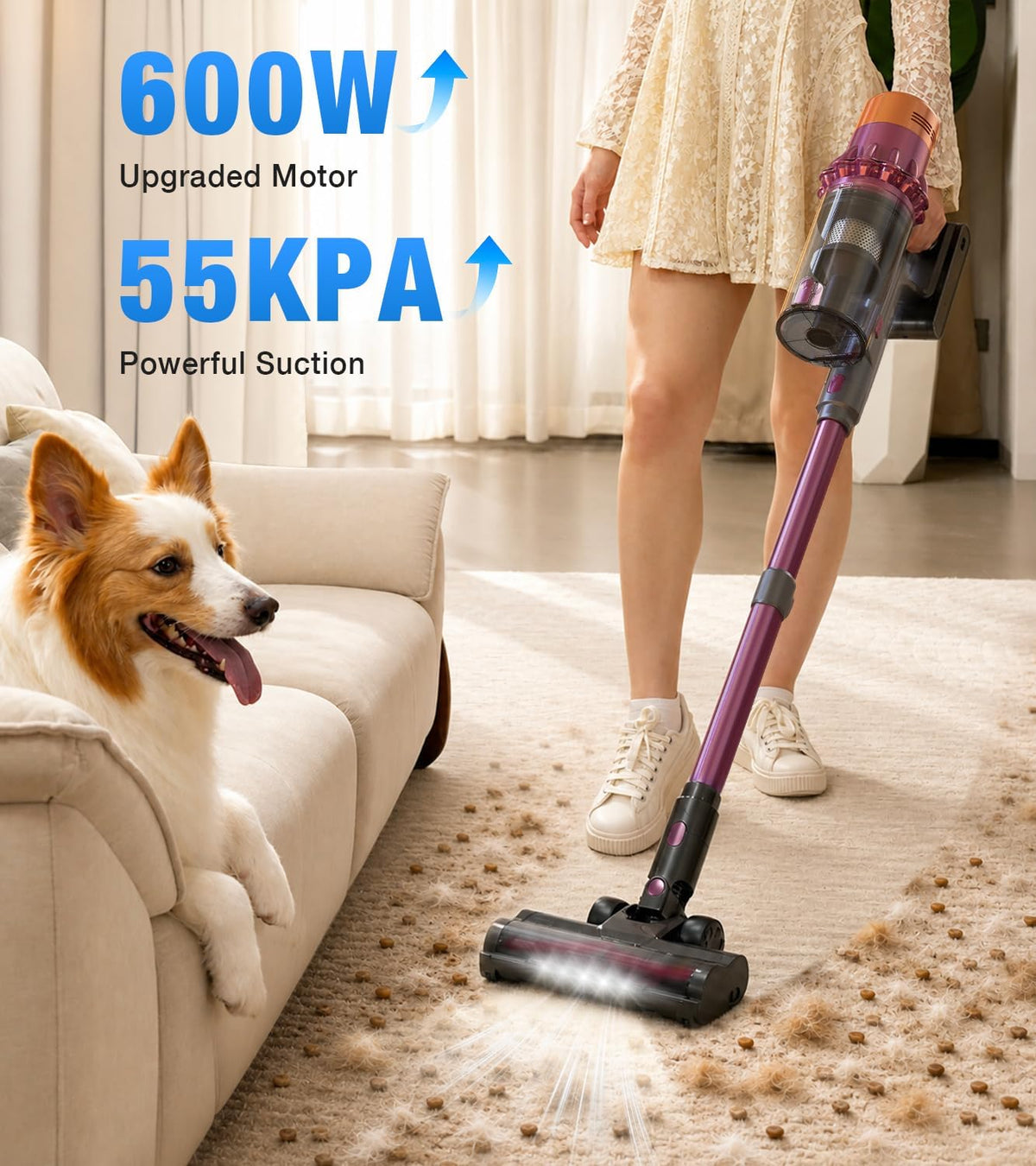 Cordless Vacuum Cleaner, 600W 50KPA 65Mins Vacuum Cleaners for Home, Stick Vacuum with Self-Standing, LED Display, Anti-Tangle Brush, 10-in-1 Lightweight Wireless Vacuum for Pet Hair Carpet Hard Floor