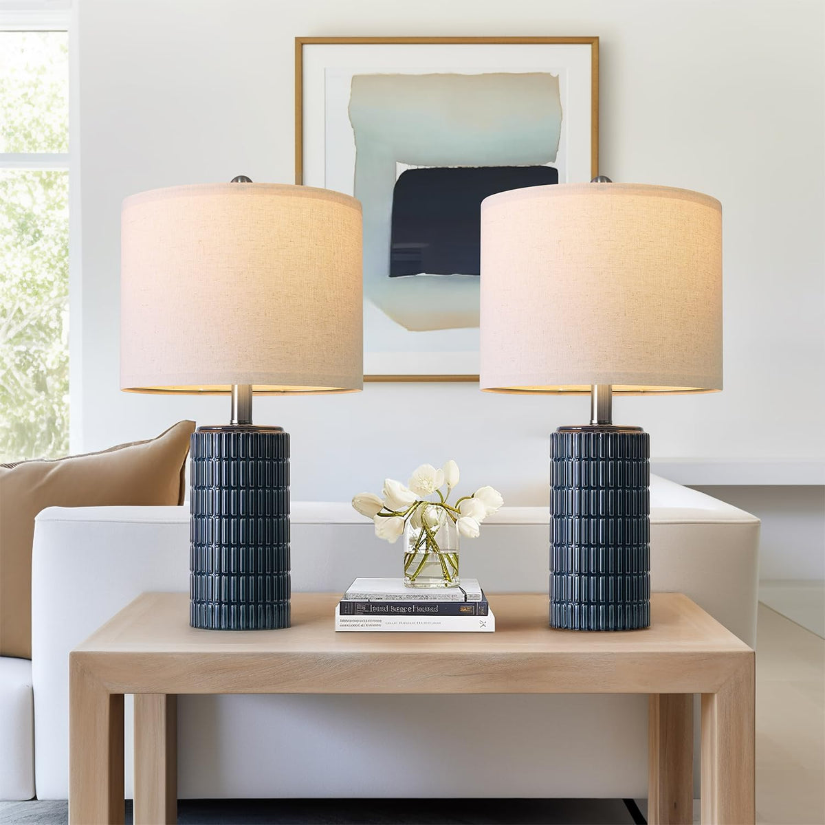 PoKat 20.75" Small Modern Ceramic Table Lamps Set of 2 for Bedroom, White