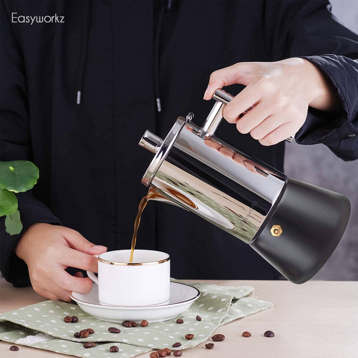 Easyworkz Diego Stovetop Espresso Maker Stainless Steel Italian Coffee Machine Maker 4Cup 6.8 oz Induction Moka Pot