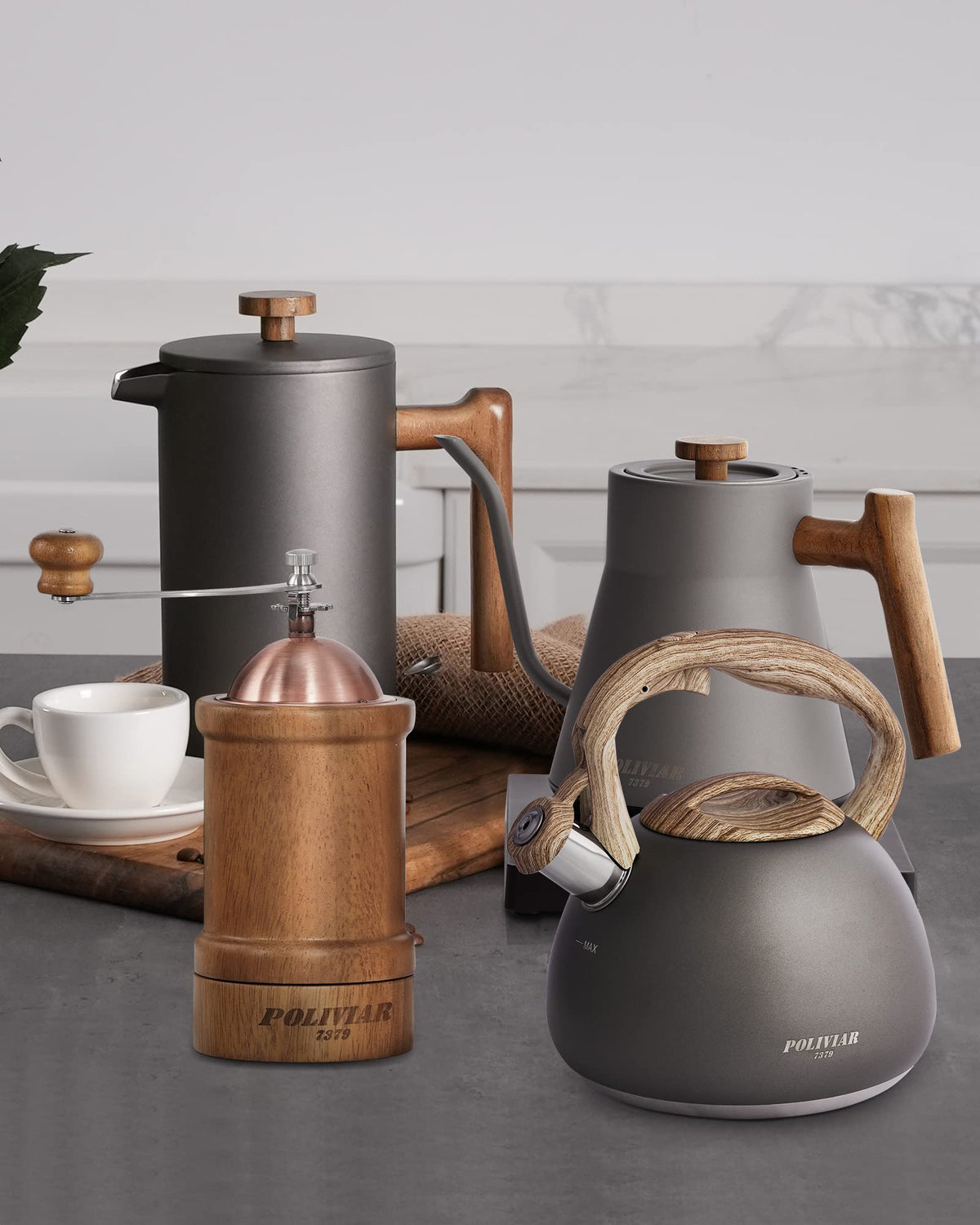 POLIVIAR Tea Kettle, 2.7 Quart Natural Stone Finish with Wood Pattern Handle Loud Whistle Food Grade Stainless Steel Teapot, Anti-Hot Handle and Anti-Rust, Suitable for All Heat Sources (JX2018-GR20)