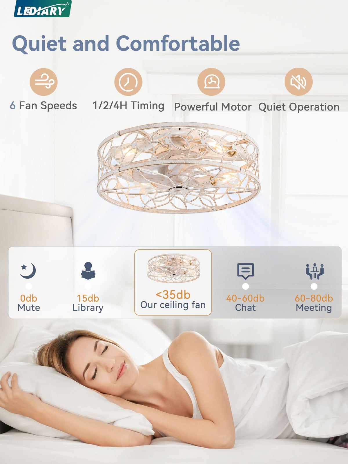 LEDIARY Caged Ceiling Fan with Light, Flush Mount Fandalier with Remote