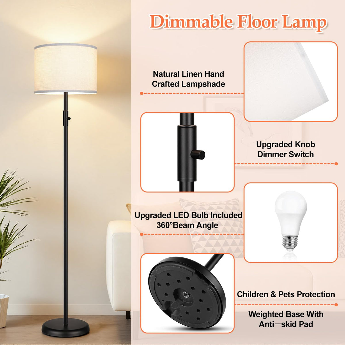 【Upgraded】 Dimmable Floor Lamp for Living Room,1000 Lumens Bulb Included, Modern Floor Lamps Simple Design with Linen Shade, Tall Standing Lamp for Bedroom Office Dining Room, Black Pole Lamp