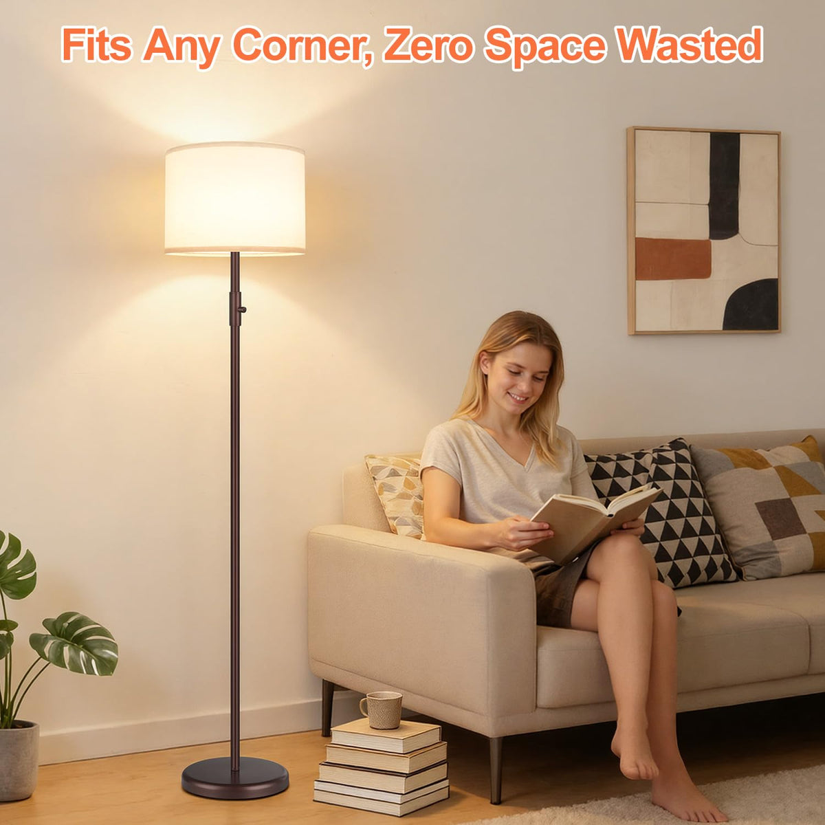 【Upgraded】 Dimmable Floor Lamp for Living Room,1000 Lumens Bulb Included, Modern Floor Lamps Simple Design with Linen Shade, Tall Standing Lamp for Bedroom Office Dining Room, Black Pole Lamp