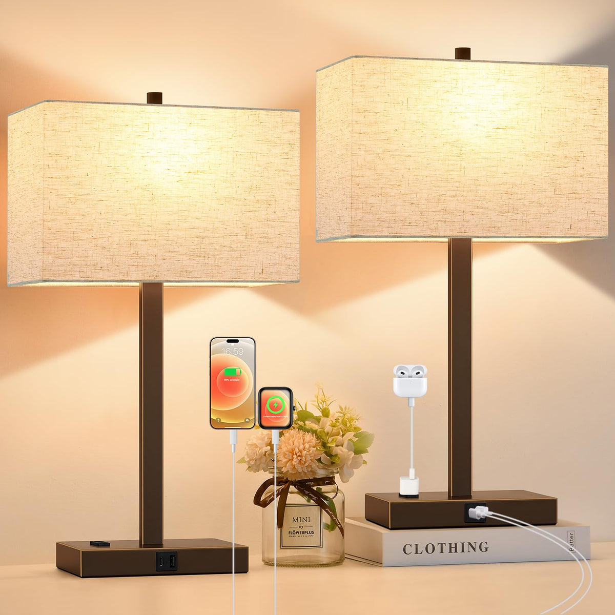 Lynnoland Set of 2 Touch Control Table Lamps with 2 USB & AC Outlet, 3-Way Dimmable Bedside Nightstand Lamps for Bedroom Living Room Nursery, 800 Lumens 5000K Daylight Bulbs Included