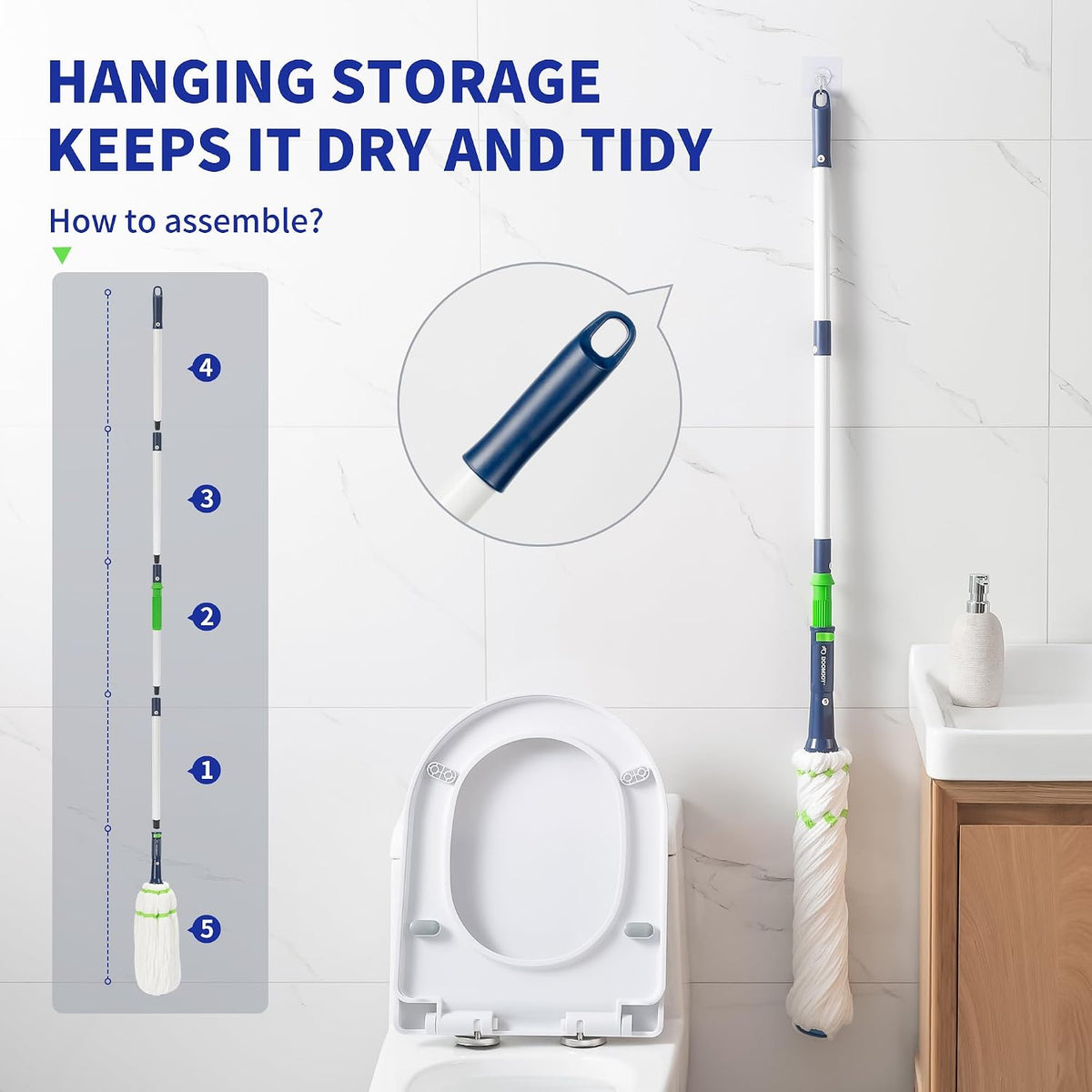 BOOMJOY Twist Mop with Self-Wringing System for Floor Cleaning, Scouring Pad for Stubborn Stains, 53" Long Handle – Ideal for Kitchen, Bathroom & Home Use – Perfect for Pet Owners