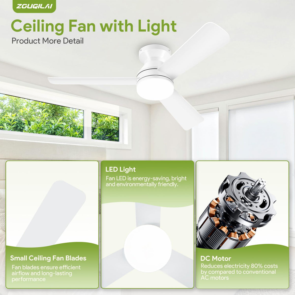 42'' Black Low Profile Ceiling Fans with Lights and Remote Control