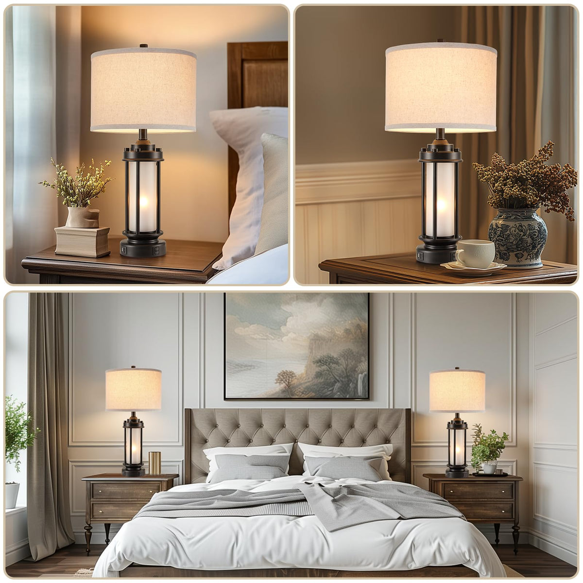AIEAMPDO 25'' Set of 2 Farmhouse Table Lamps for Living Room with USB C+A