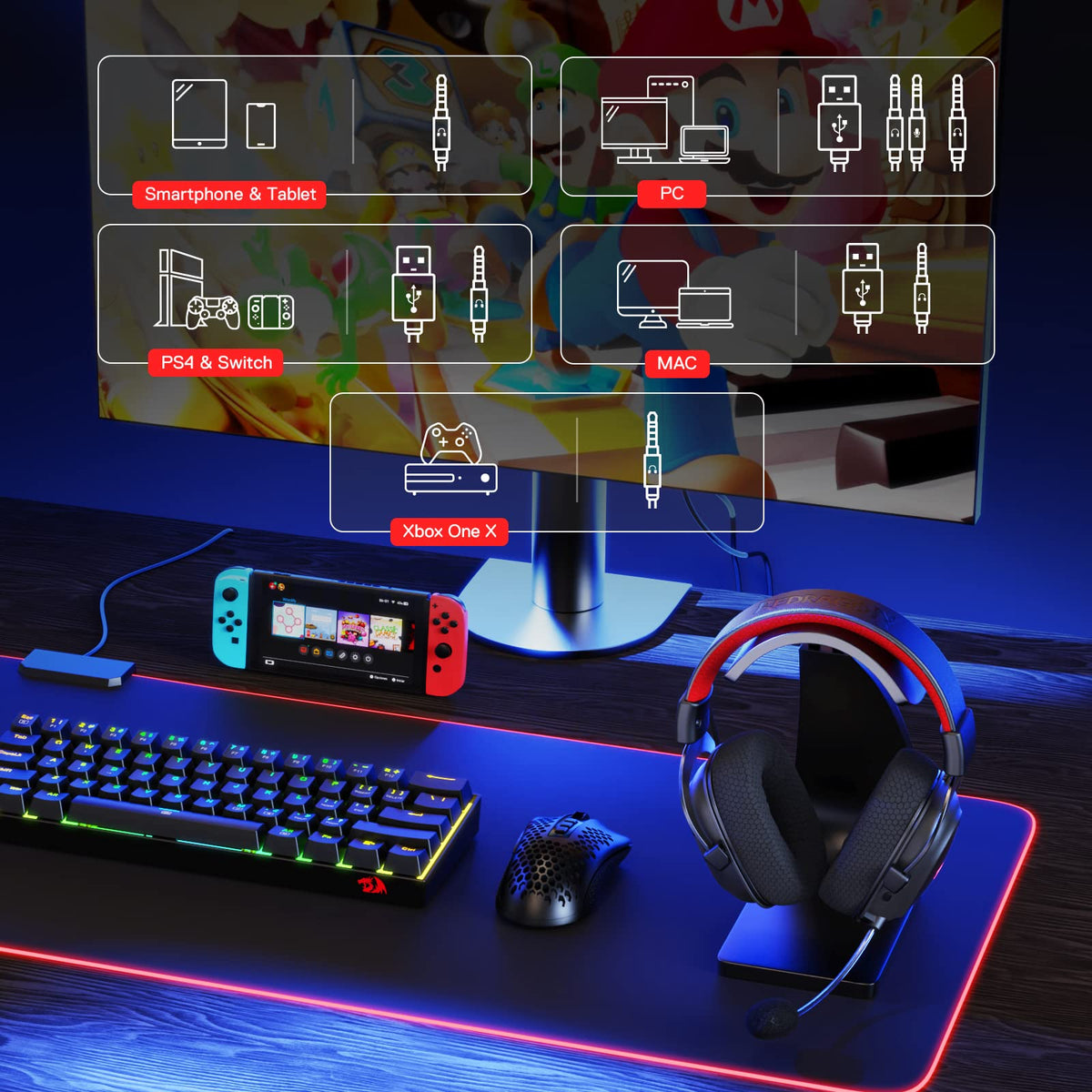 Redragon H510 Zeus Wired Gaming Headset - 7.1 Surround Sound - Memory Foam Ear Pads - 53MM Drivers - Detachable Microphone, Works for Multi-Platforms PC, PS4/3 & Xbox One/Series X, NS