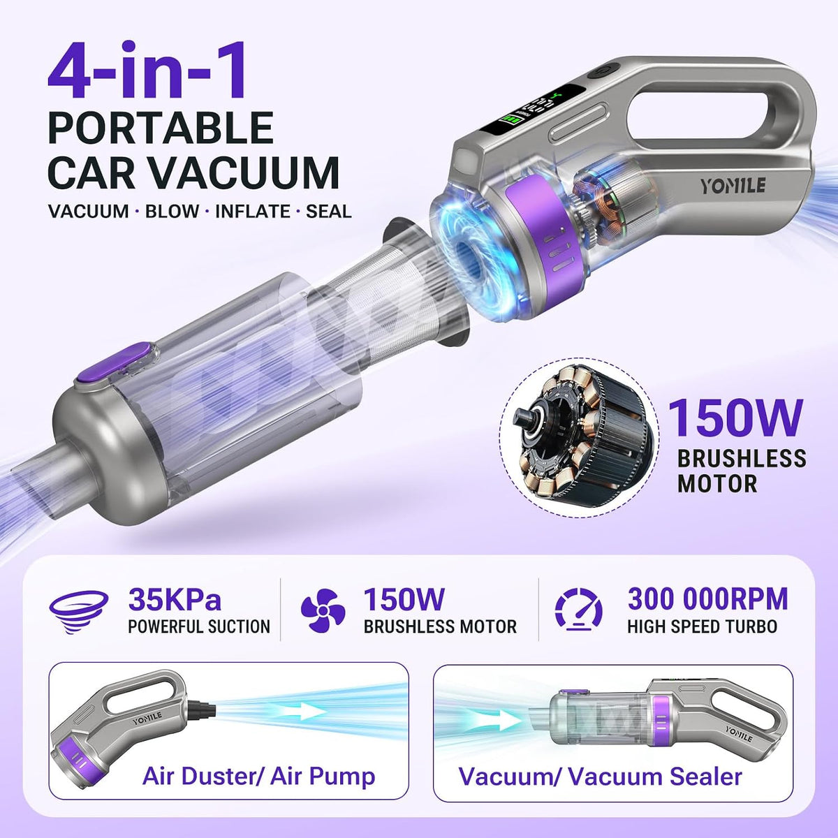 Yomile Mini Car Vacuum & Air Duster, 35000PA Brushless Handheld Vacuum