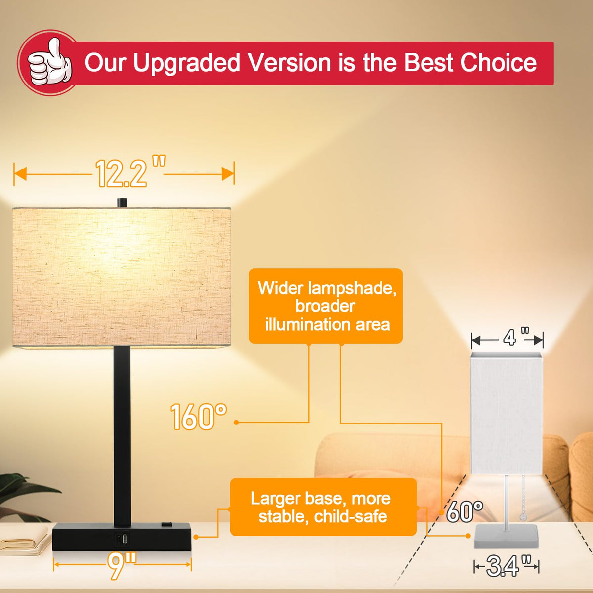 Lynnoland Set of 2 Touch Control Table Lamps with 2 USB & AC Outlet, 3-Way Dimmable Bedside Nightstand Lamps for Bedroom Living Room Nursery, 800 Lumens 5000K Daylight Bulbs Included