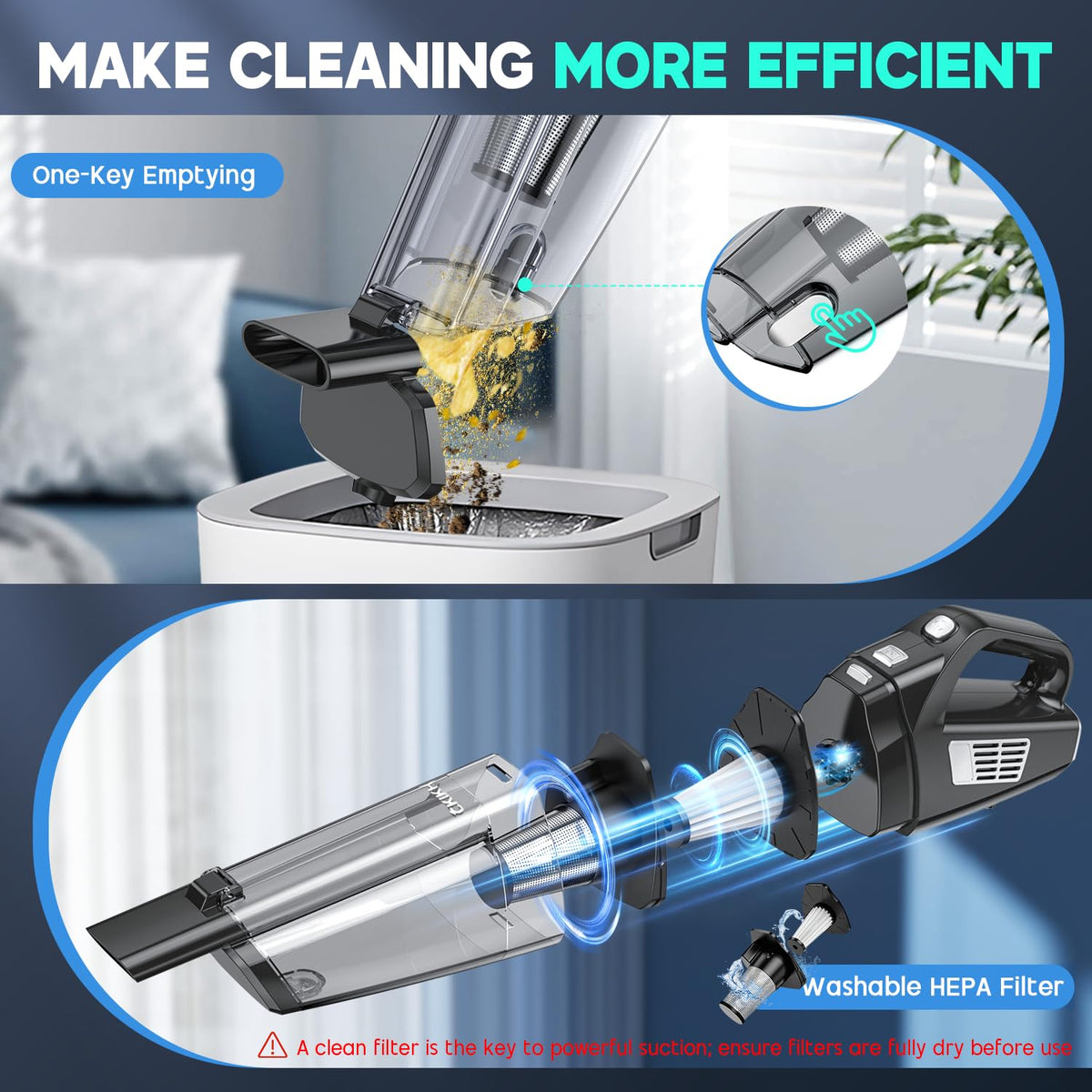 CKIKH Handheld Vacuum Cordless, 15000PA Hand Held Car Vacuum Cleaner