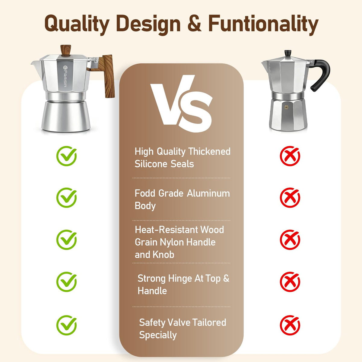 Stovetop Espresso Moka Pot Coffee Maker, Non-slip Wood Grain Handle, Cast Aluminum, Compatible with Gas, and Electric Stoves (Black, 12 cups)